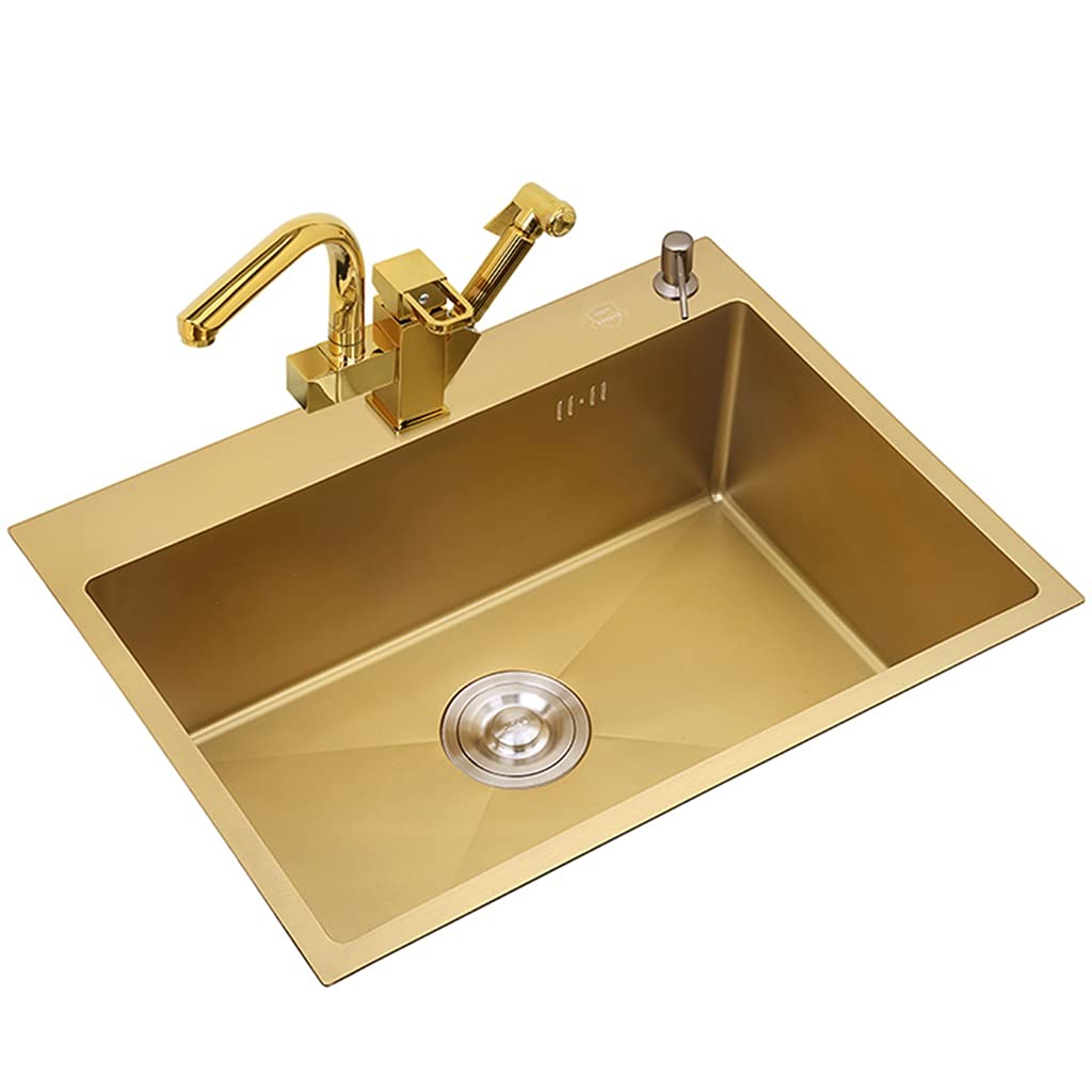 QHYTL Gold Single Bowl Kitchen Sink with Multifunctional Pull-Out Faucet, Drop-in Installation Kit, Perfect for Modern Kitchens and Stylish Bars
