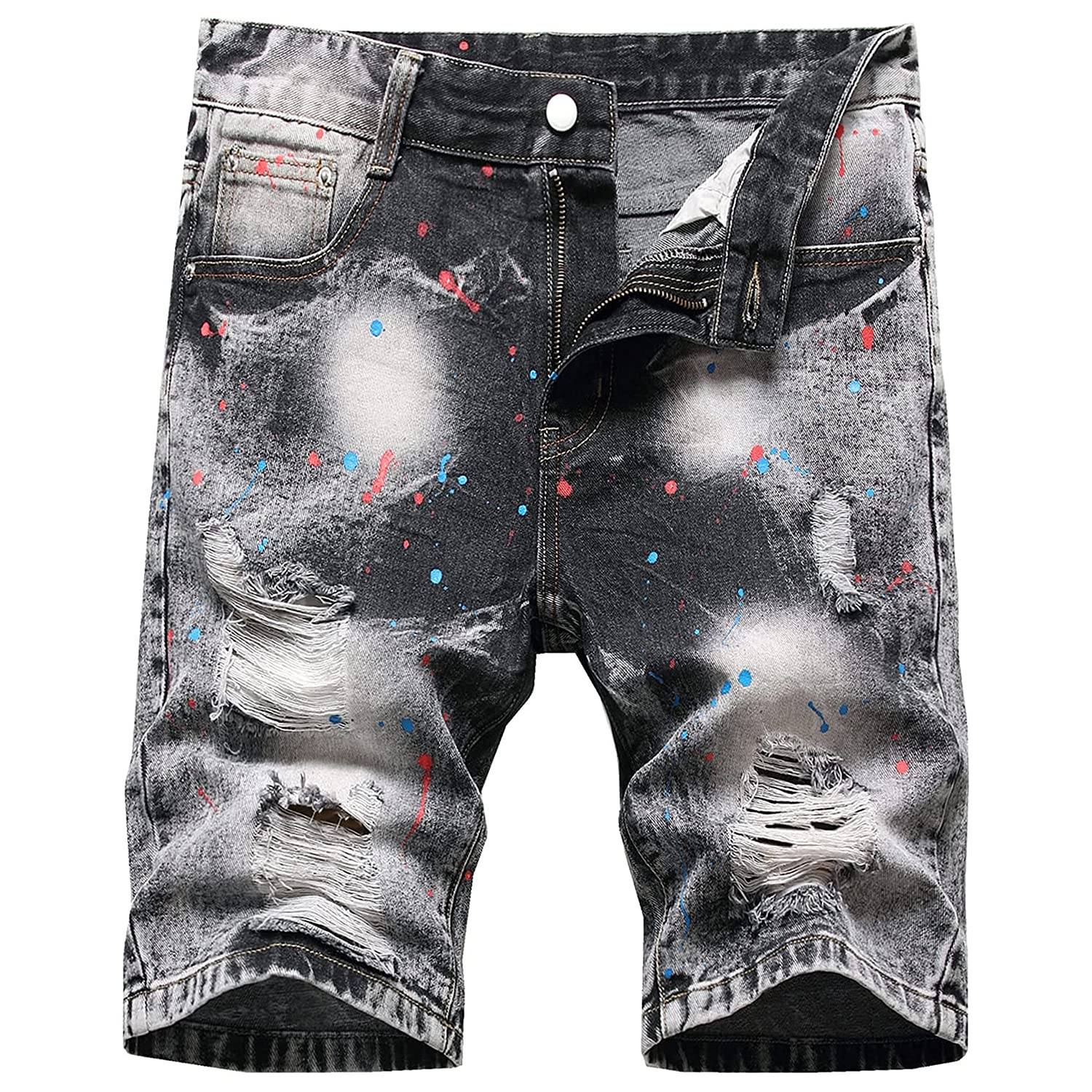 Men's Ripped Denim Shorts - Distressed Stretchy Biker Jean Shorts with Repair Rips | Casual Summer Wear for Motorcycle Riding, Street Style & Outdoor Activities