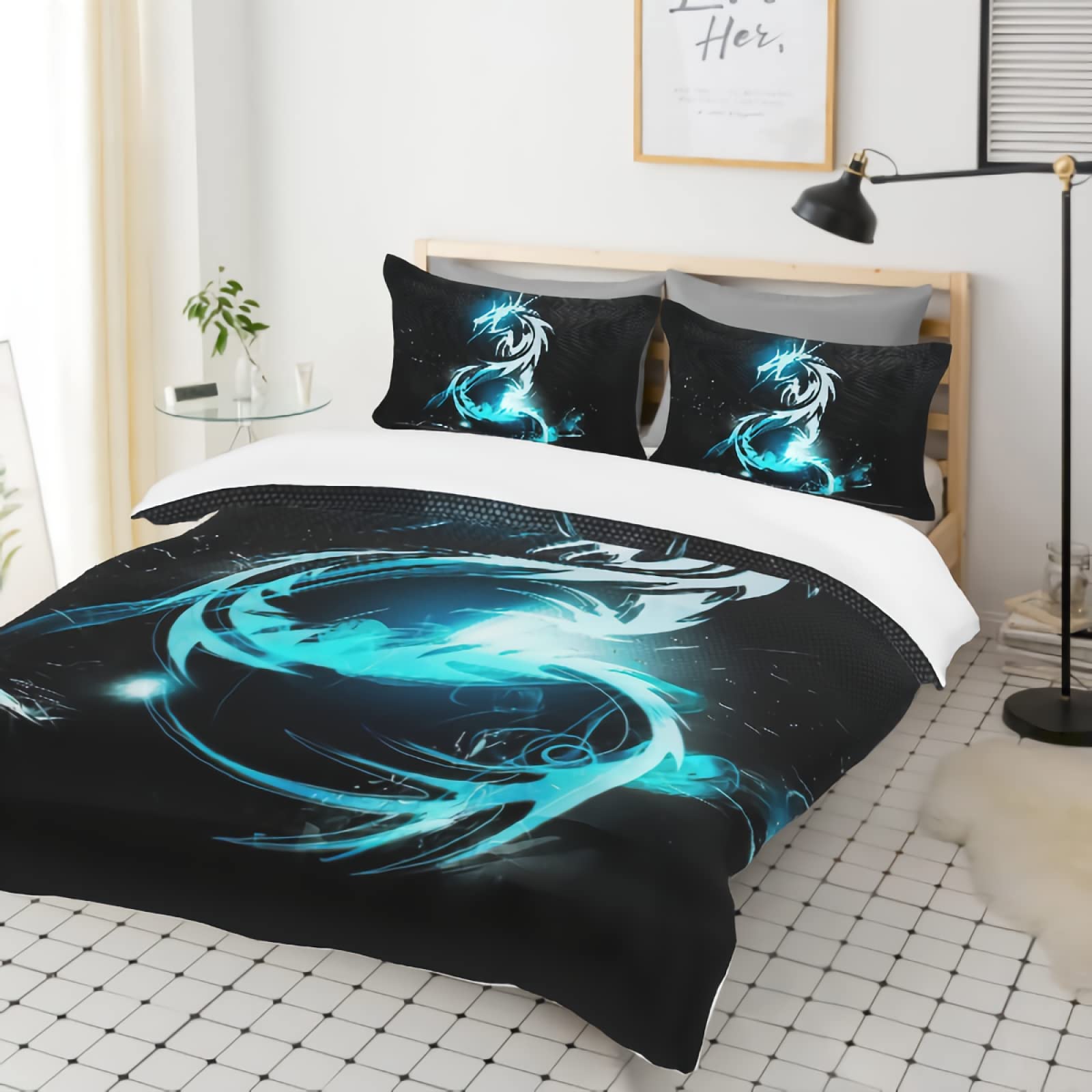 GREDBH Queen Dragon Duvet Cover Set - 100% Soft Microfiber Bedding with 2 Pillowcases - Ancient Wildlife Flying Dragon Design - 3 Piece Comforter Cover (Not Included) - Perfect for Fantasy Themed Bedrooms & Medieval Decor