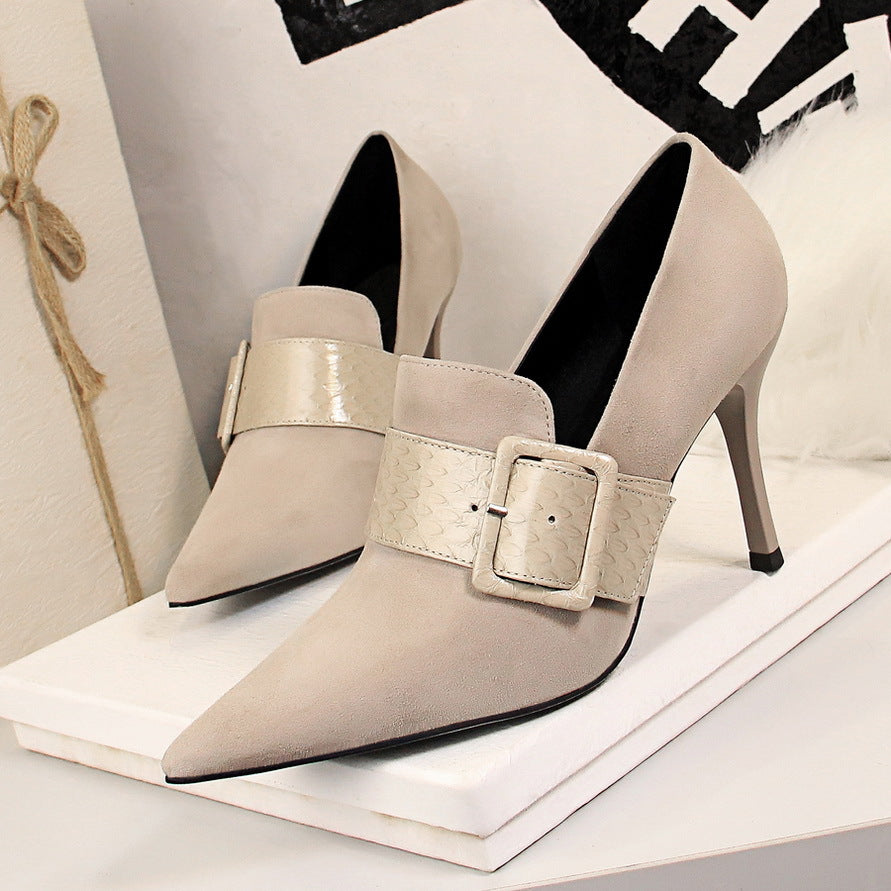 2025 Women's High Heel Suede Shoes - Sexy Thin Heel Snake Print Strap Buckle Deep V Pump for Nightclub Party & Evening Wear