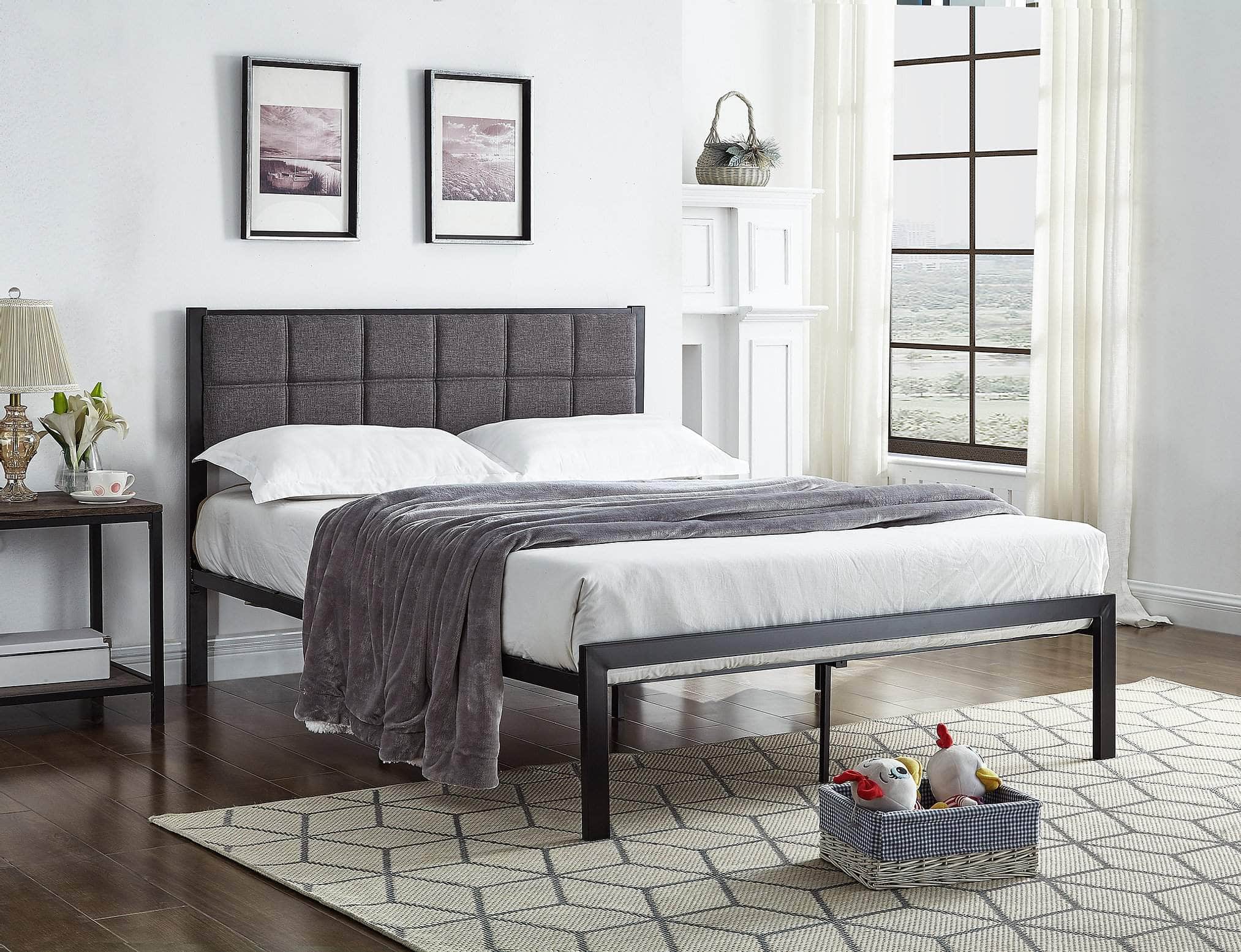 Sooke Grey Upholstered Fabric and Black Metal Platform Bed Frame - Queen, King, Full Size - Modern Minimalist Bedroom Furniture for Small Spaces & Apartments