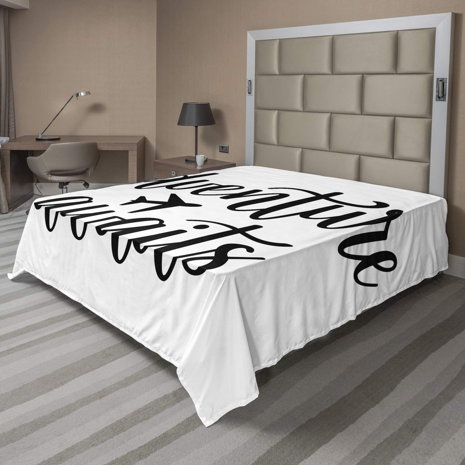 Ambesonne Travel Themed Queen Size Flat Sheet - Airplane & New Destinations Monochrome Design, Soft Comfortable Bedding for Home & Hotel Use (1 Piece, White & Black) | Perfect for Vacation Decor, Guest Rooms & Cozy Bedroom Styling
