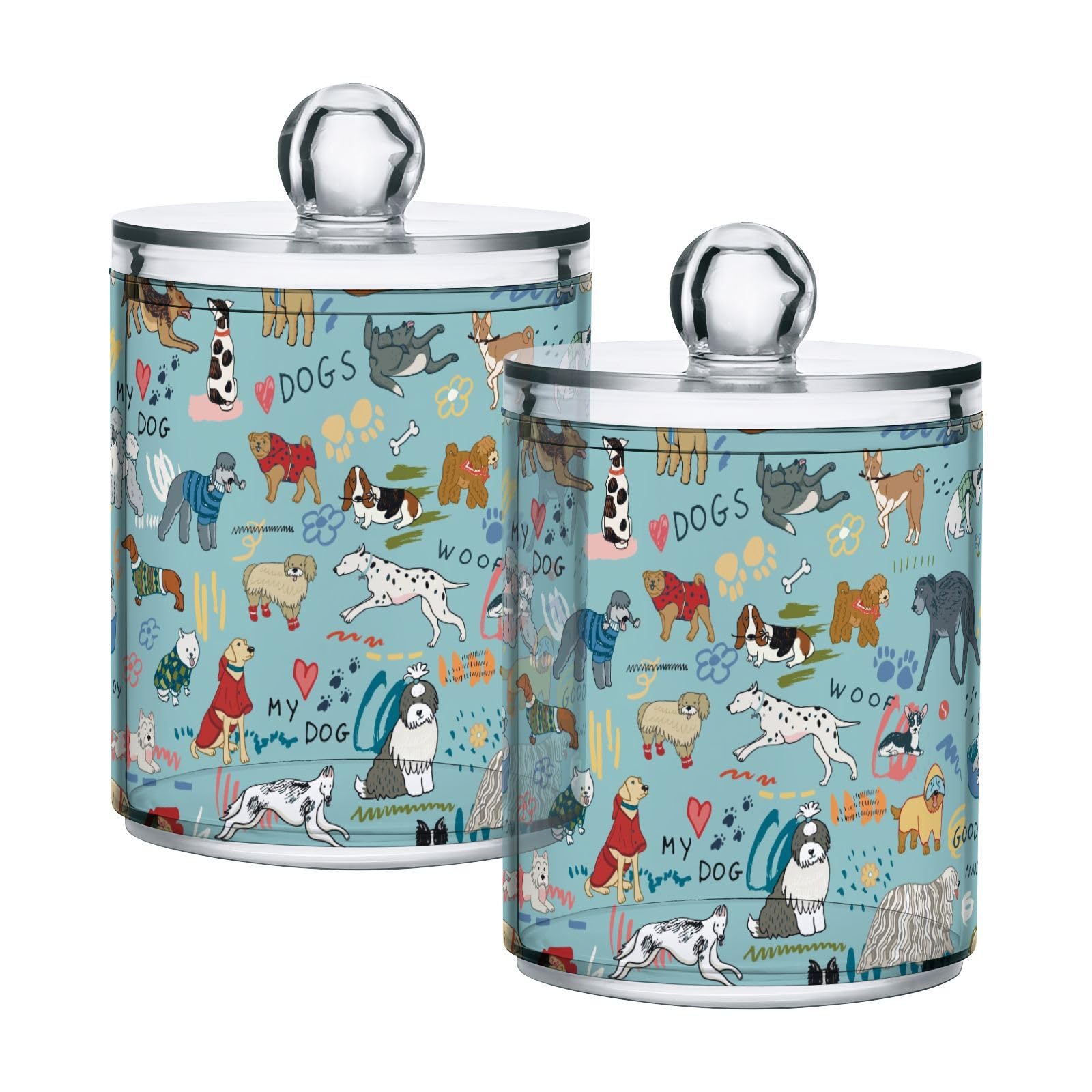 4 Pack Funny Dogs Apothecary Jars with Lid - 10oz Clear Plastic Storage Containers for Cotton Balls, Qtips, Swabs & Beauty Pads - Perfect for Bathroom Vanity, Makeup Counter & Salon Organization (Dog-Themed Decor)