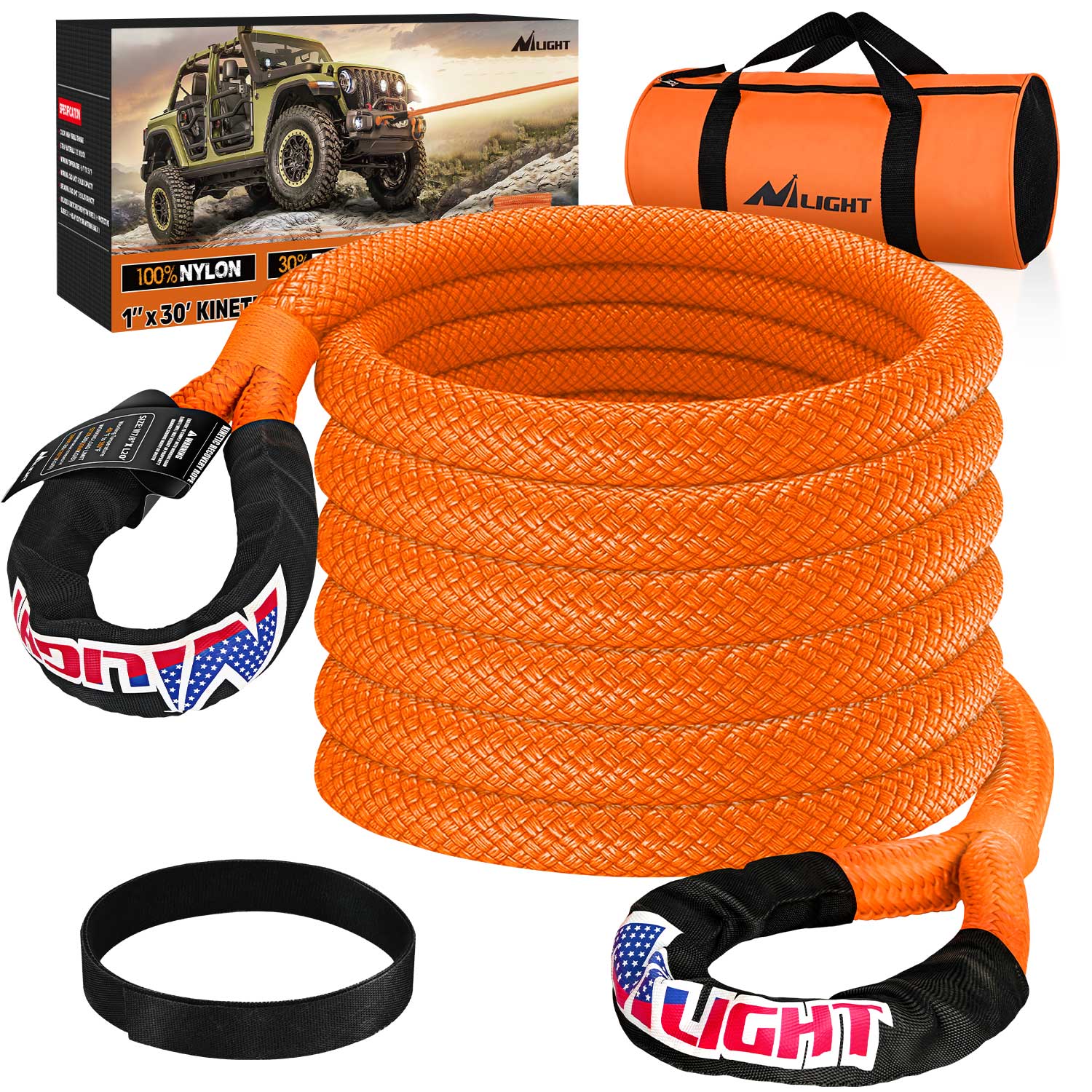 1in x 30ft Heavy Duty Kinetic Recovery Rope - 33000LBS Capacity Off-Road Towing Strap for Jeep, Truck & SUV - Perfect for Mud, Sand & Snow Recovery