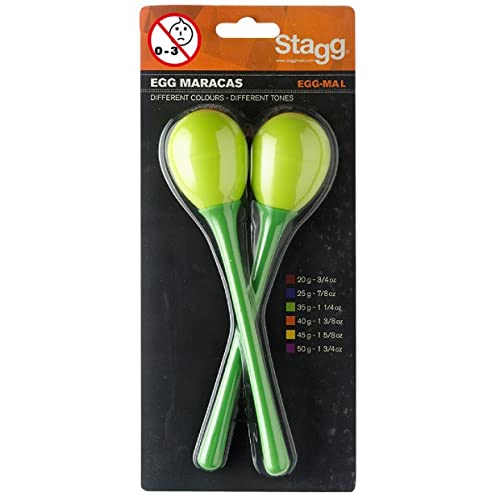 Stagg EGG-MA Plastic Egg Maracas Pair - Long Handle Green Musical Shakers for Kids, Toddlers, Classroom & Party Fun - Perfect for Easter, Music Education & Playtime