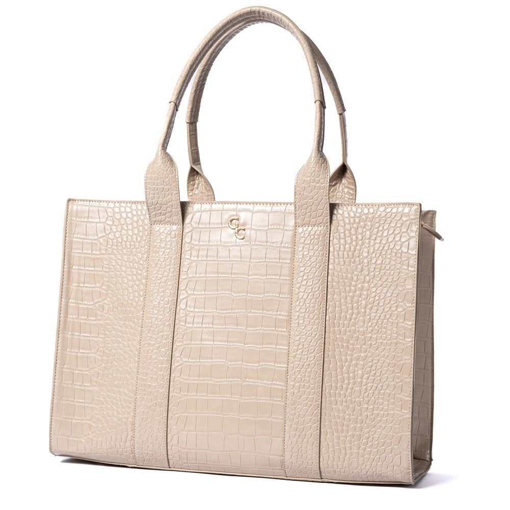 Galway Crystal Fashion XL Tote Bag - Light Taupe Crocodile Embossed Leather - Stylish Women's Handbag for Work, Travel & Shopping