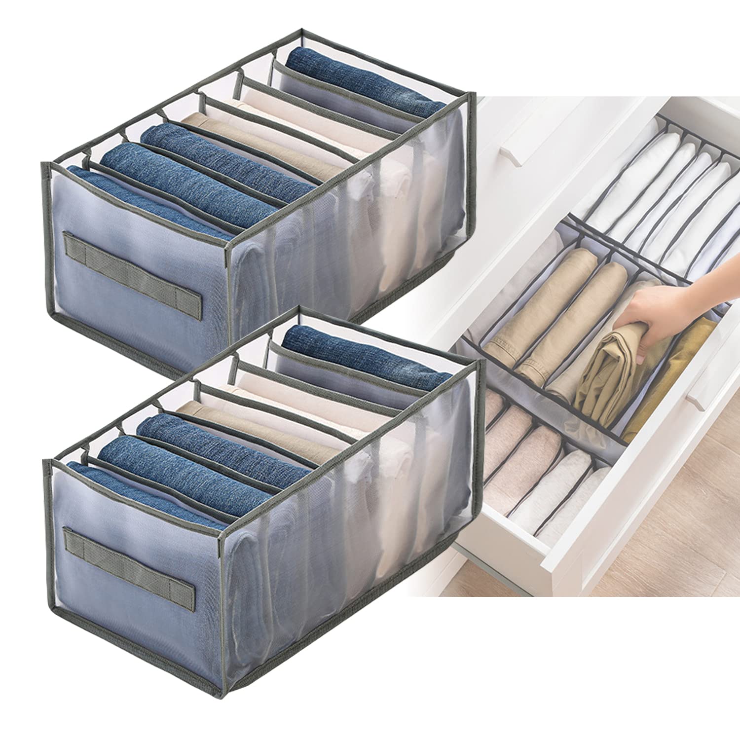 7 Grid Washable Jeans Drawer Organizer with Compartment Storage Box - Foldable Closet Clothing Organizer for T-Shirts, Underwear & Socks - Set of 2 Grey with Handles - Perfect for Bedroom Drawers, Closet Shelves & Travel Packing