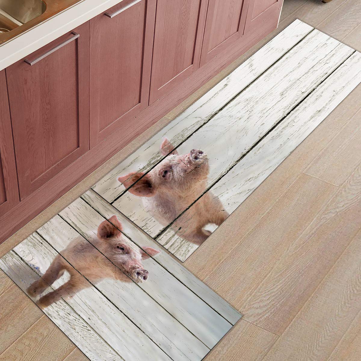 Non-Slip Kitchen Rug Set 2-Piece with Lovely Pig Animal Pattern, Washable Floor Mats for Kitchen, Bathroom, and Entryway, Durable Runner Carpet for Home Decor