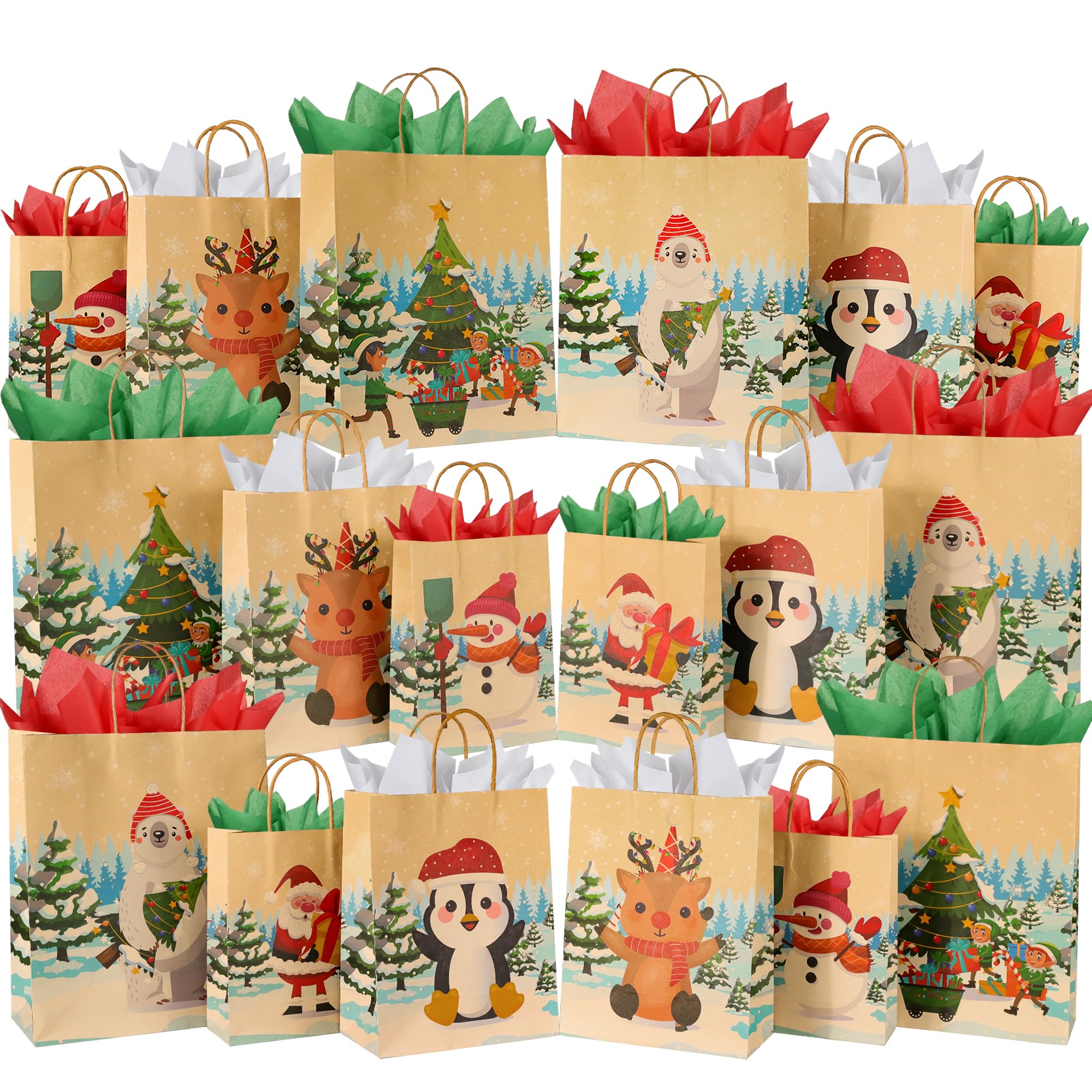 ASOEMERZ 18 Pack Christmas Kraft Gift Bags with Tissue Paper - 6 Festive Designs for Holiday Gifts, Party Favors & Xmas Treats - Perfect for Christmas Parties, Gift Exchanges & Holiday Celebrations