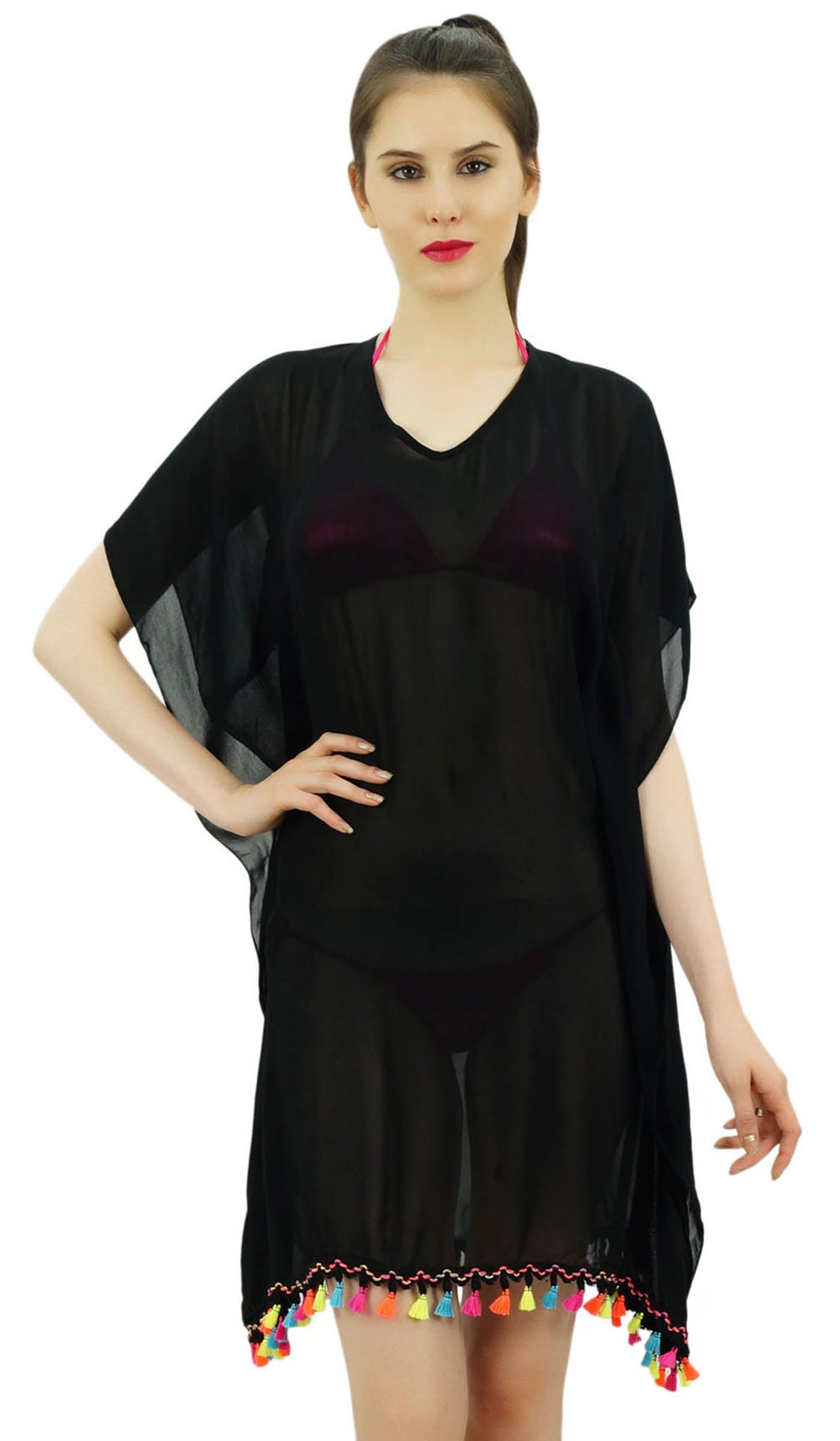 Lightweight Bimba Sheer Kimono Kaftan Beach Cover-Up for Women with Elegant Tassel Details - Perfect for Summer Vacations, Pool Parties & Boho Fashion Outfits
