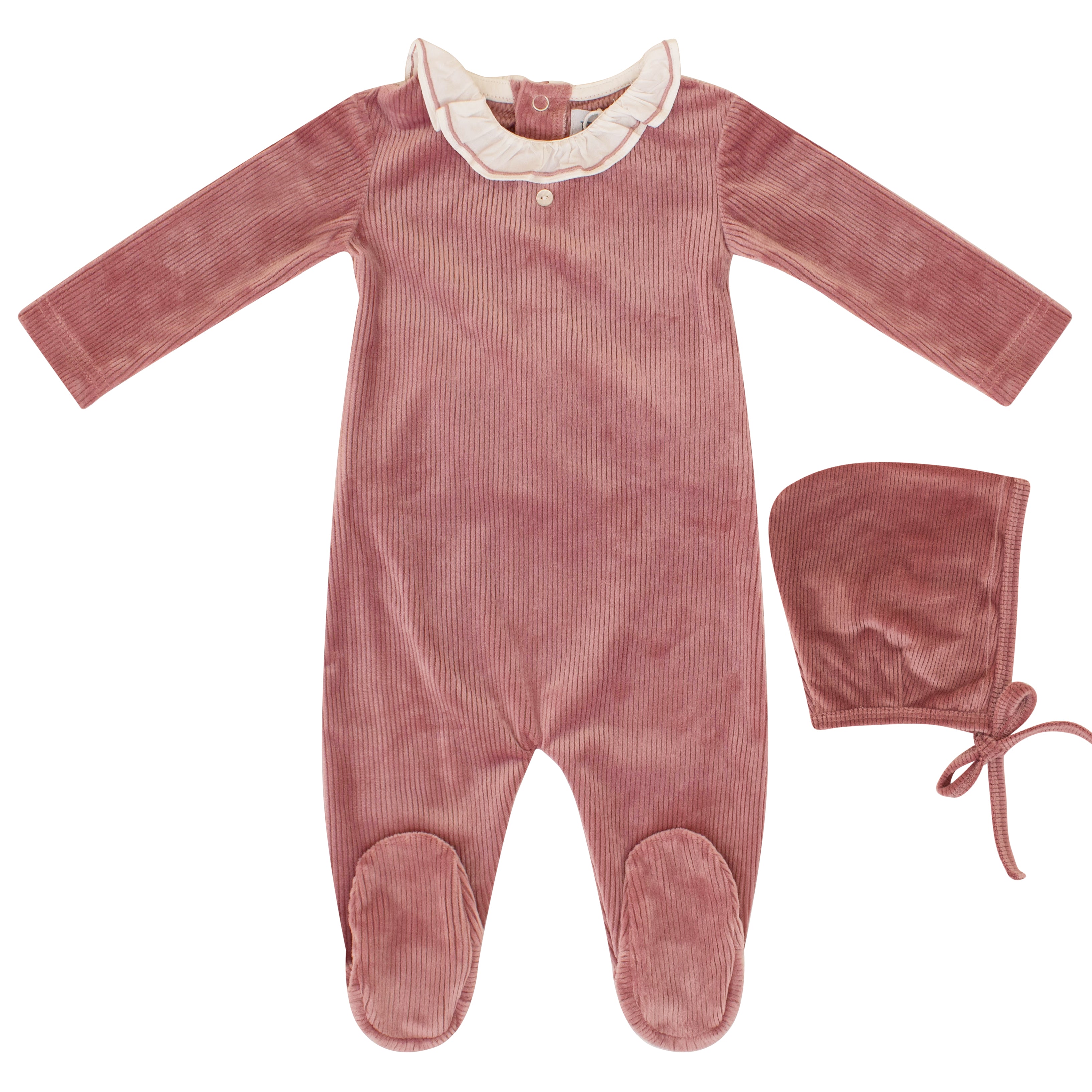 Kipp Baby Mauve Velour Ribbed Stretchie & Bonnet Set - Soft Stretchy Newborn Outfit for Photos, Gifts & Special Occasions