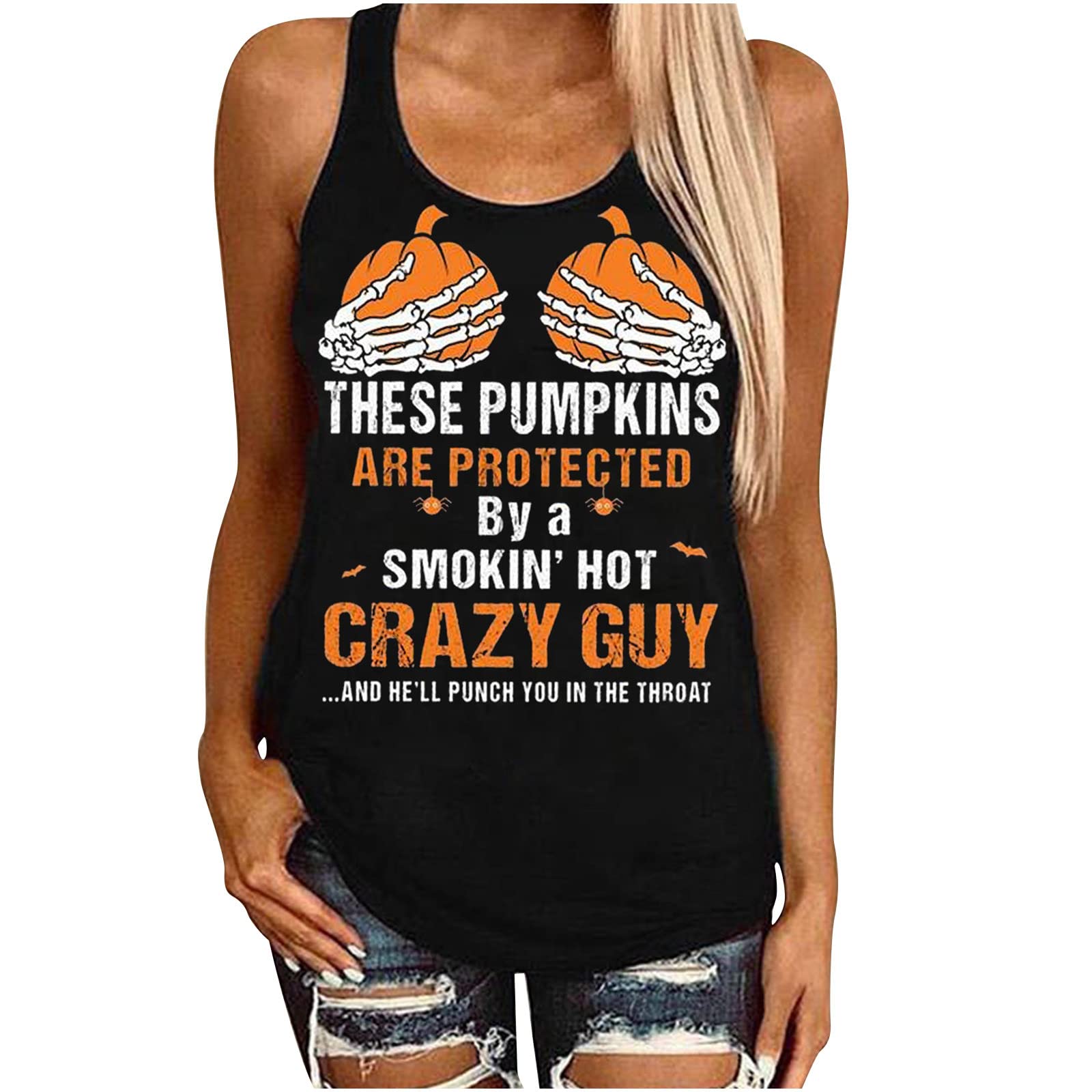Halloween Graphic Print Tees & Tank Tops for Women - Sleeveless Summer Beach & Workout T-Shirts - Spooky Costume Party Outfit for Halloween Events