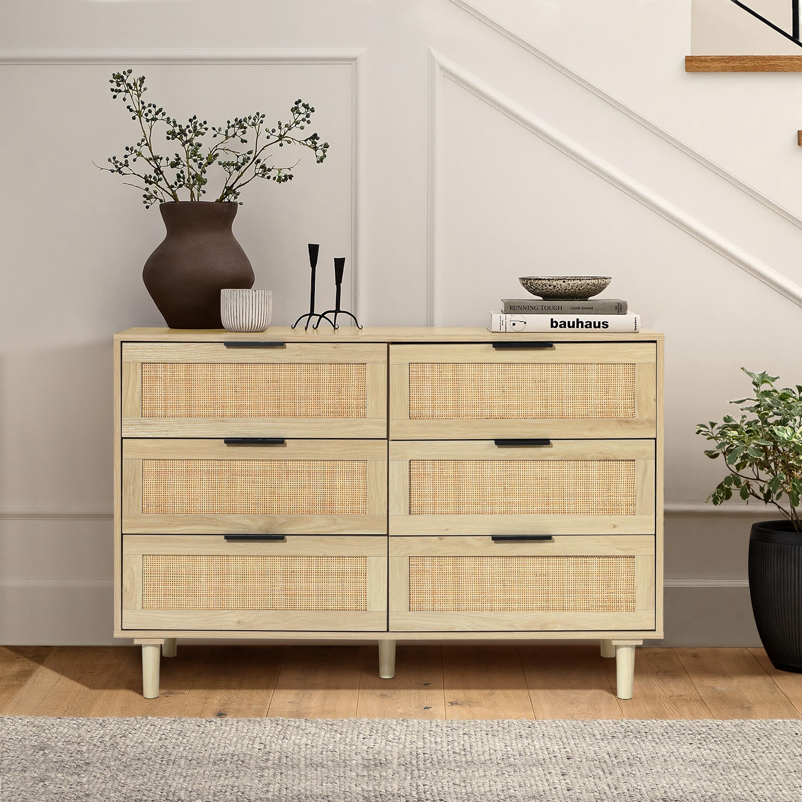 LuxenHome 6-Drawer Rattan Dresser - Farmhouse Bedroom Dresser with Mid-Century Modern Design, Nursery Dresser & TV Stand | Perfect for Bedroom Storage, Baby Room Organization & Living Room Decor
