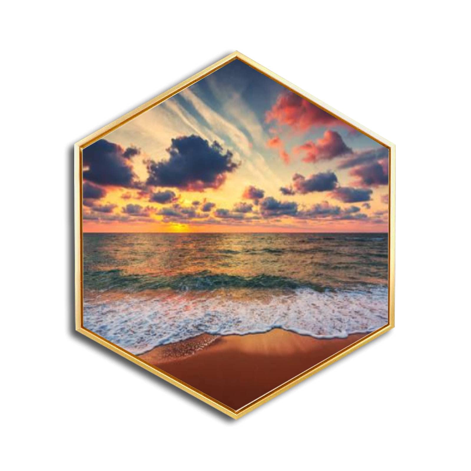 Stunning Ocean Sunrise Hexagon Canvas Wall Art - Golden Framed Modern Giclee Painting Print for Home & Office Decor | Ready to Hang Mural | Perfect for Living Room, Bedroom or Workspace