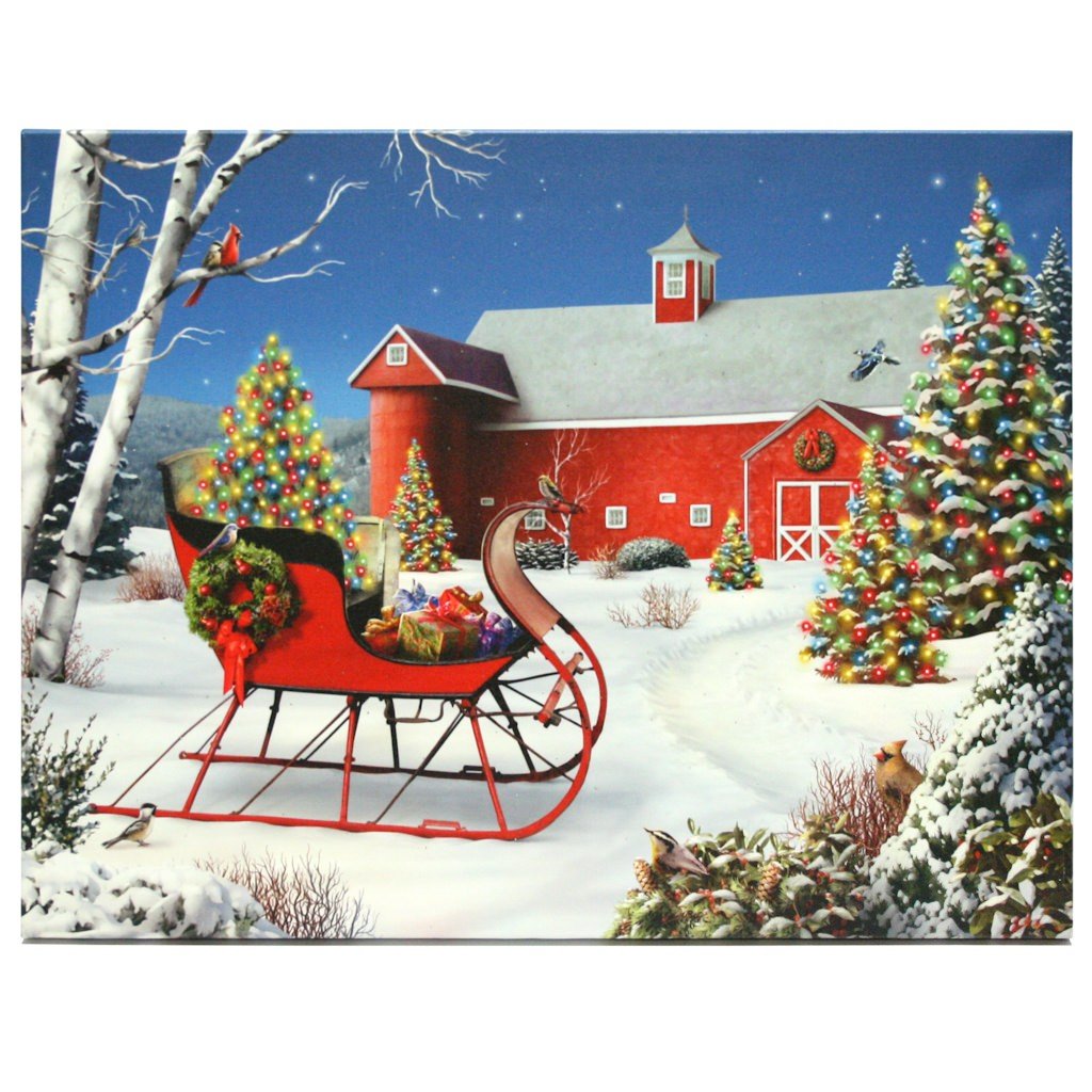 RAZ Imports LED Lighted Canvas Wall Decor - 24x18 Inch Battery Operated Barn Art with Warm White Lights (Batteries Not Included) - Perfect for Farmhouse, Rustic Home Decor & Holiday Lighting