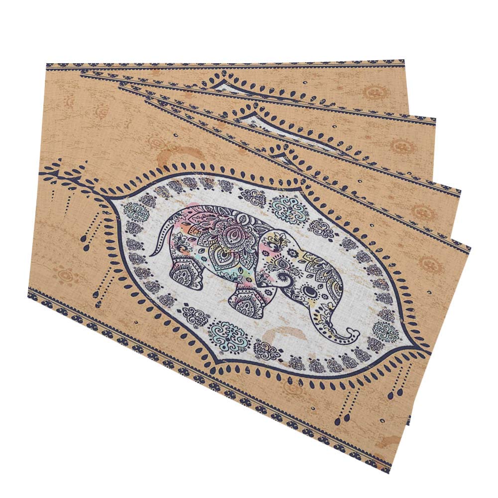 HOSNYE 4-Pack Lotus Ethnic Elephant Place Mats - African Tribal Ornament Table Mats Set, Washable Fabric Dining Table Mats for Home Decor, Kitchen & Party Use