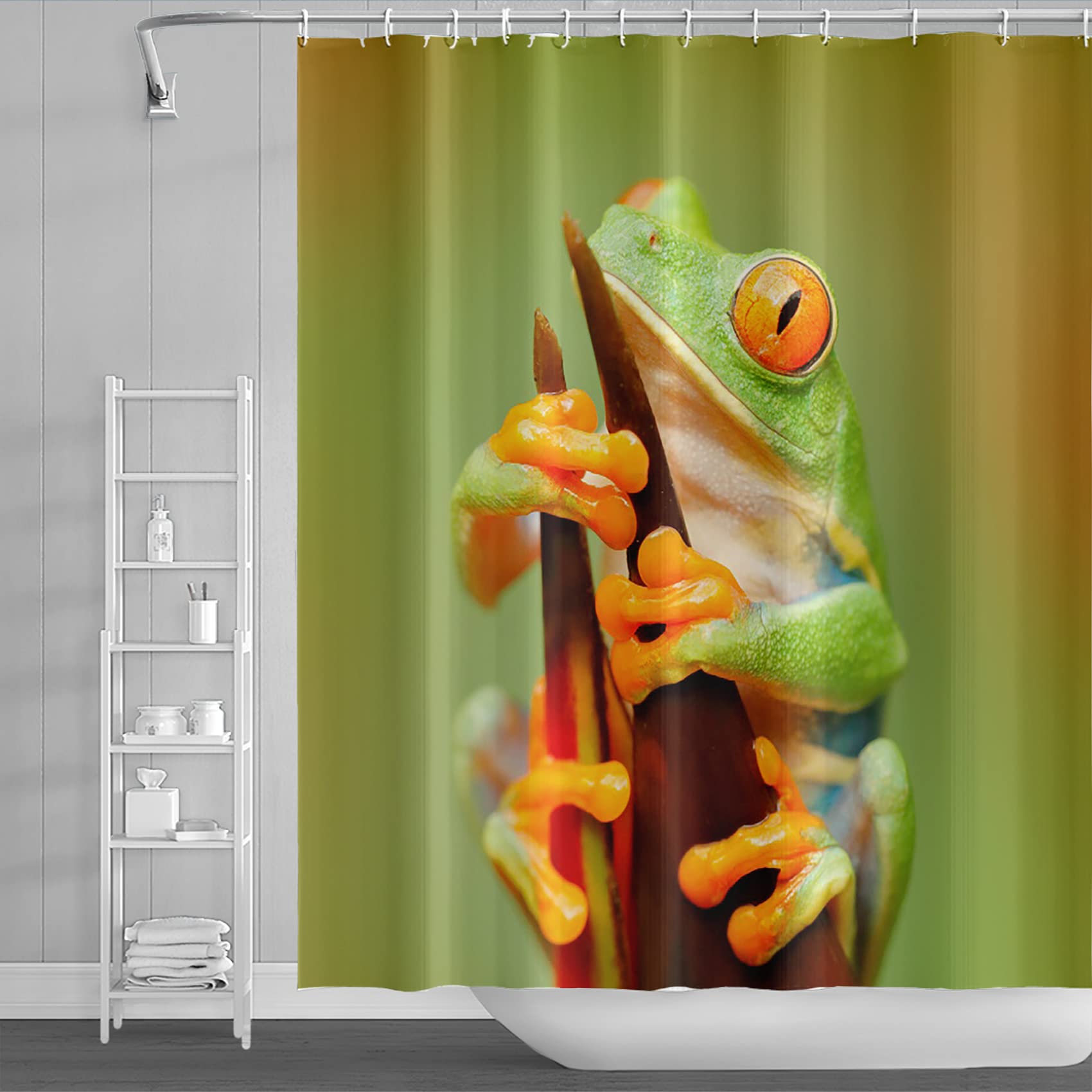Bovlleetd Green Frog Shower Curtain - 71x71 Inch Waterproof Bathroom Decor with Red Eyes & Flippers, Amphibian Holding Branch Design - Perfect for Kids' Bathrooms, Nature-Themed Decor, and Animal Lovers' Homes
