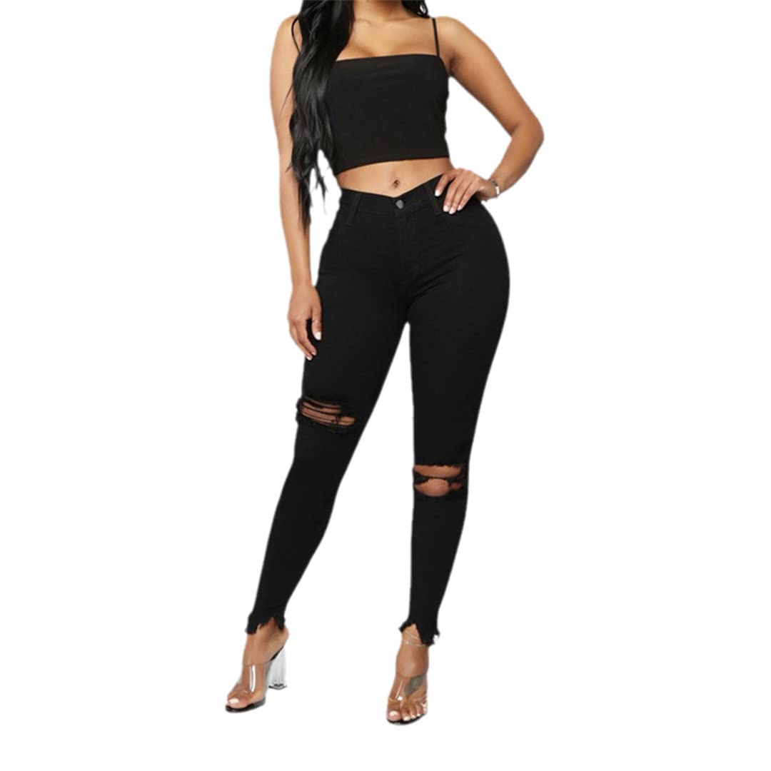 Stylish Fall Slim Women's High Waist Ripped Denim Pants - Destroyed Knee Black Stretch Jeans for Casual Outfits & Night Out