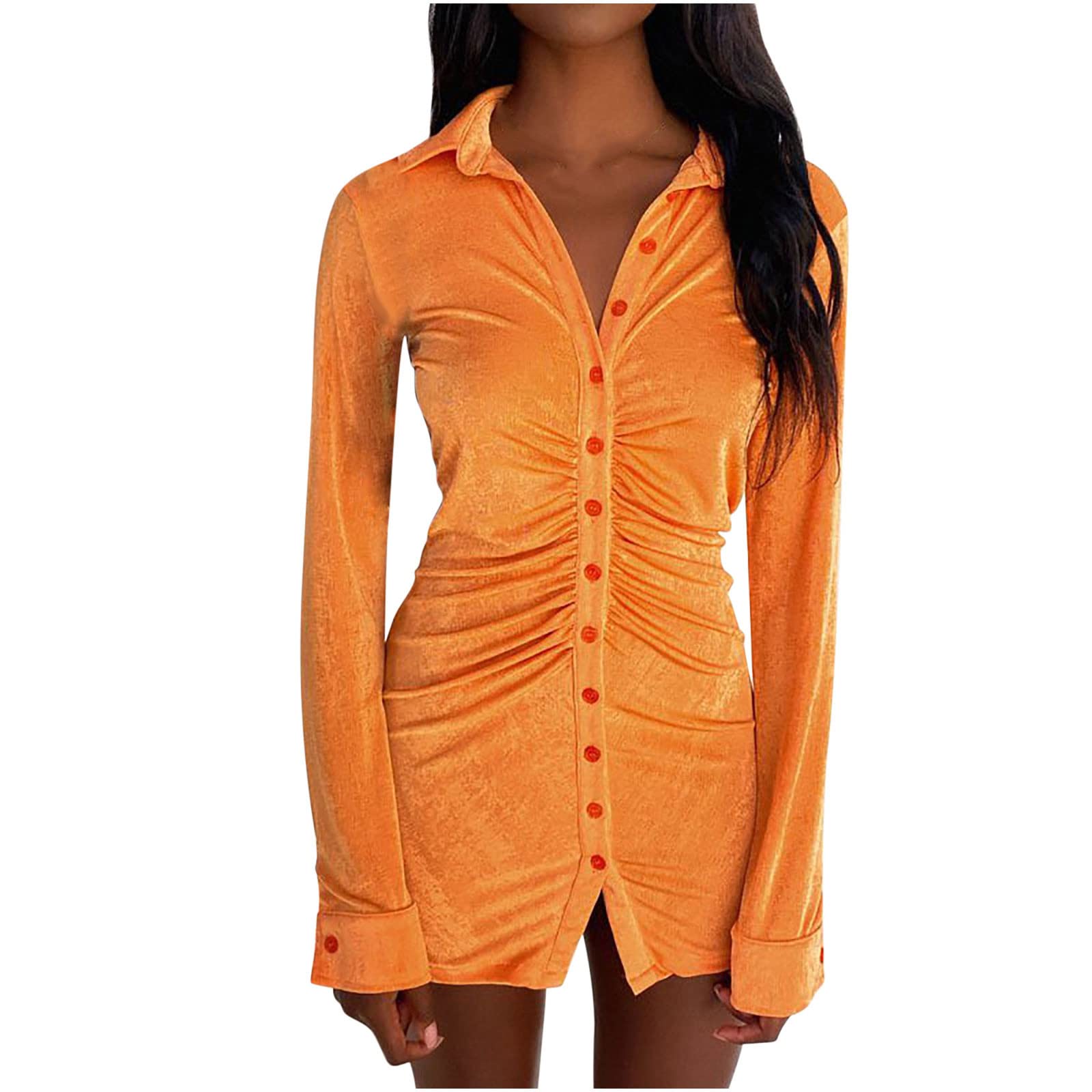 Sexy Women's Club Dress with Lapel & V-Neck | Long Sleeve Bodycon Mini Dress | Ruched Solid Party Dress for Night Out, Cocktail Party & Date Night