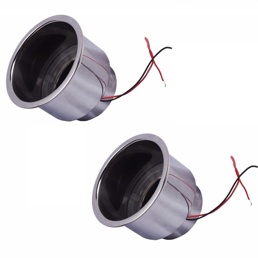 2-Pack 12V LED Stainless Steel Cup Holders for Marine Yacht, RV, Boat & Car - Built-in Drink Holder with Ambient Lighting for Night Driving and Party Use
