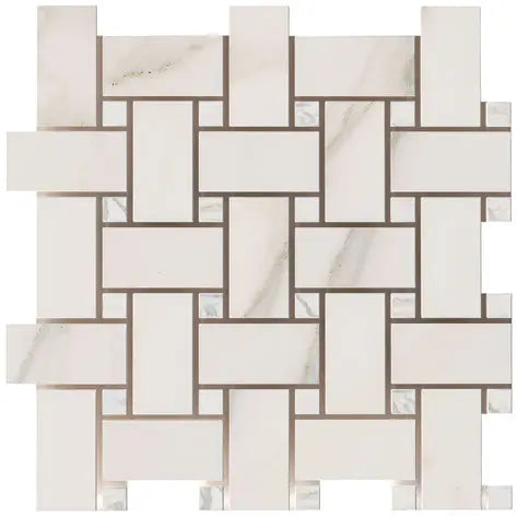 Premium Calacatta Gold Marble Basketweave Mosaic Tile - Large 12x12 Inch Natural Stone Backsplash for Kitchen & Bathroom Renovation