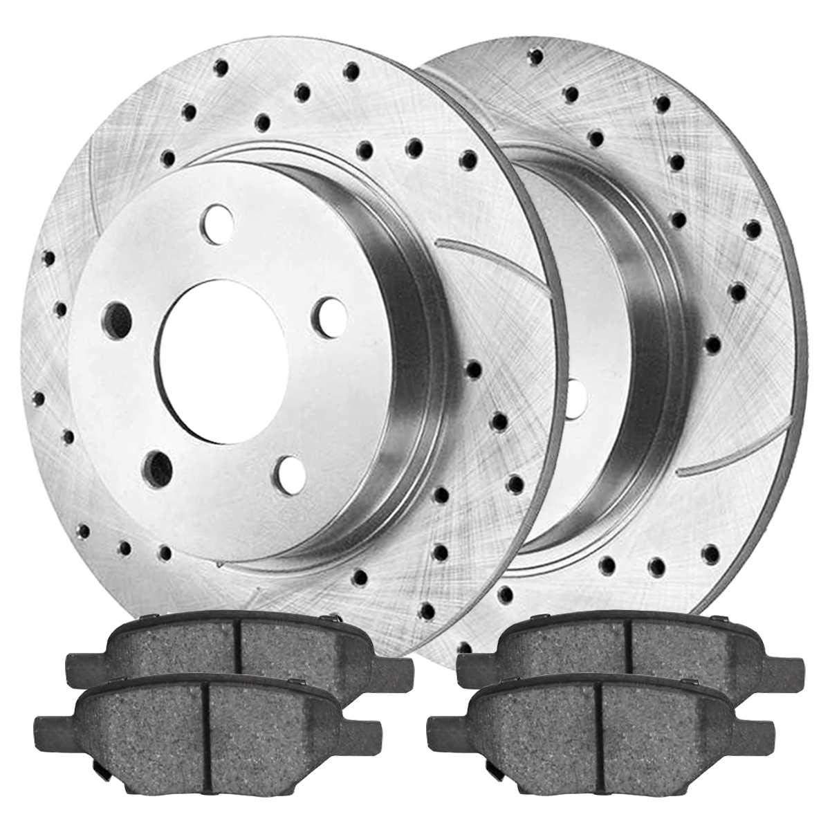 High-Performance SUNAROUD Silver Rear Drilled & Slotted Brake Rotors with Ceramic Pads - Perfect for Racing, Off-Roading & High-Speed Driving