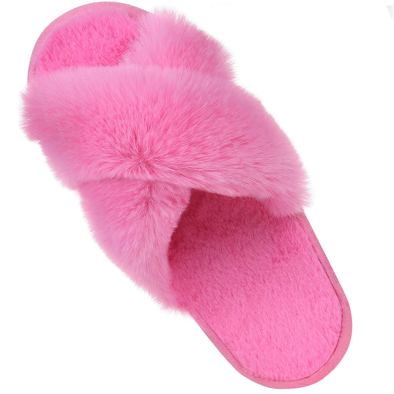 Comwarm Women's Fuzzy Cross Band Slippers - Soft Plush Open Toe House Shoes for Indoor & Outdoor Use - Cozy Bedroom Slides for Relaxing at Home, Lounging & Quick Errands