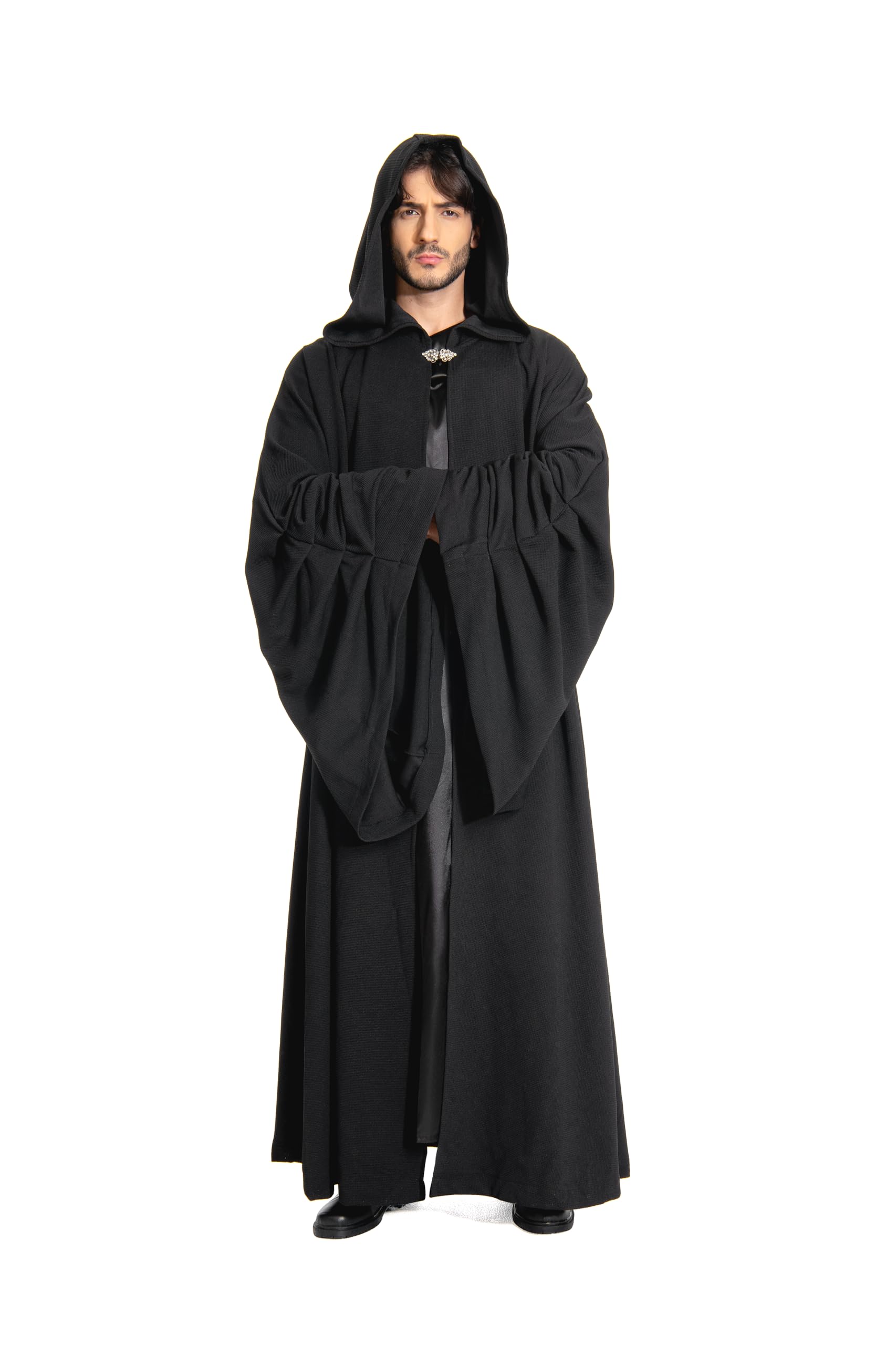 Men's Hooded Cloak Robe - Medieval Knight Tunic Costume for Halloween & Cosplay (2-Piece Black Outfit) - Perfect for Renaissance Fairs, LARP Events & Themed Parties