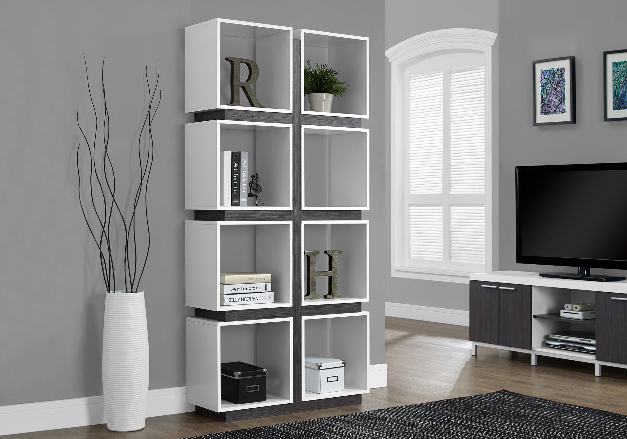 Modern 71-Inch Tall Bookcase in White and Grey - Perfect for Living Room, Home Office, and Bedroom Storage