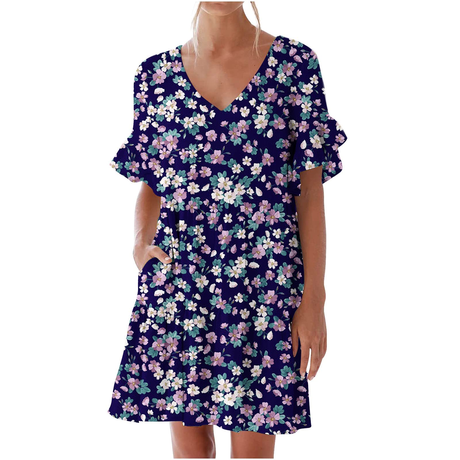 Women's Summer Casual Short Sleeve Empire Waist Dress with Pockets - Flowy Midi Dress for Beach, Vacation & Everyday Wear