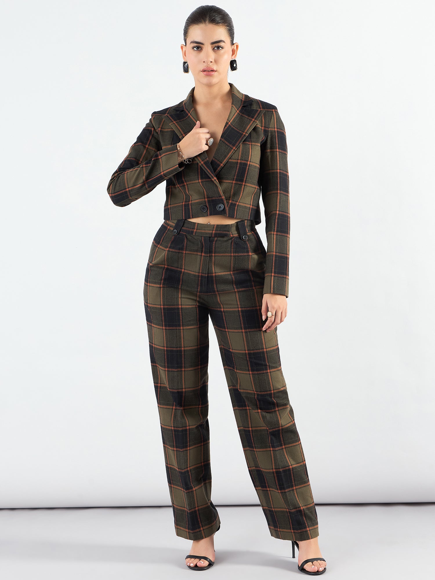 Women's Notched Lapel Checkered Warm Crop Blazer with Matching Pants - Office Wear, Business Casual Outfit, Fall Winter Work Attire