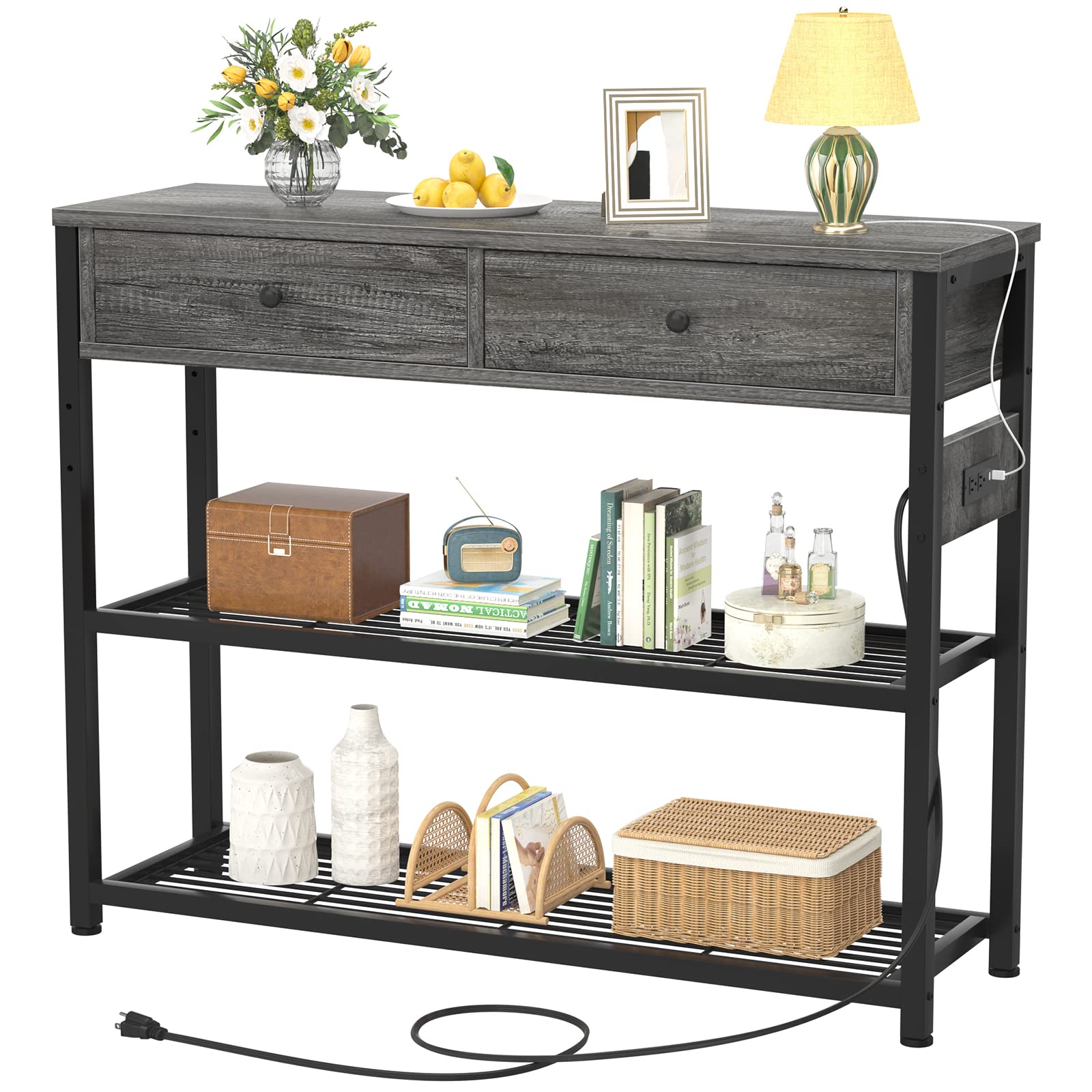 Grey Oak Console Table with Outlets & USB - 32