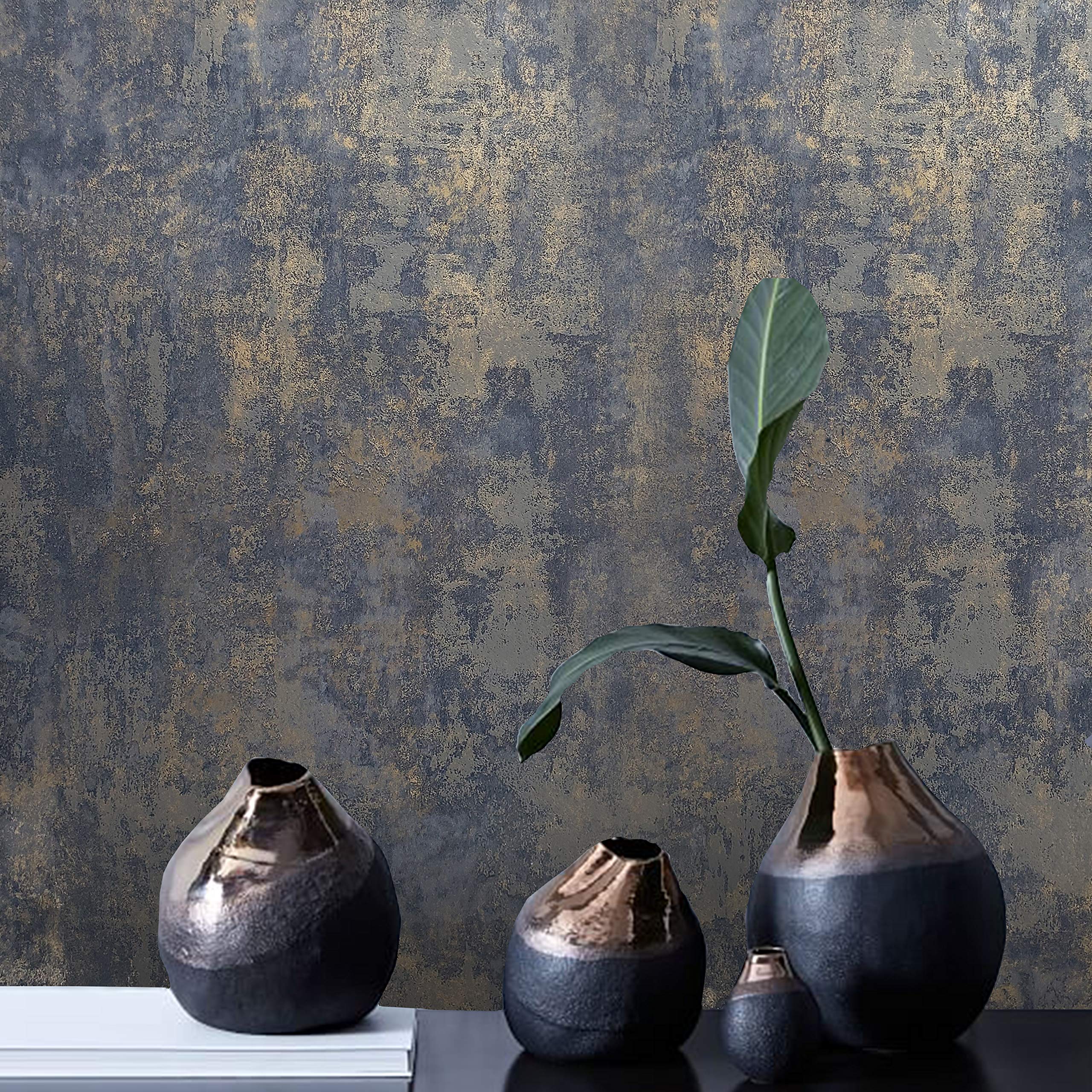 Modern Industrial Wallpaper - Rustic Navy Blue & Gray Gold Textured Faux Concrete Plaster Wall Covering | Double Roll 3D Wallpaper for Living Room, Bedroom, Office Decor