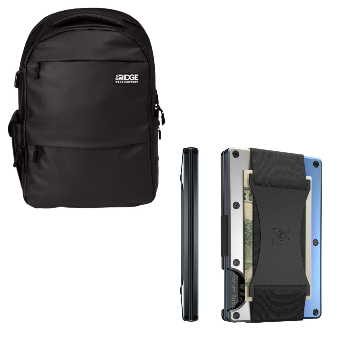 The Ridge Minimalist Slim Wallet for Men with Cash Strap - Burnt Titanium RFID Blocking Wallet | The Commuter Weatherproof Backpack with RFID Protection - Black | Perfect for Travel, Work & Everyday Carry
