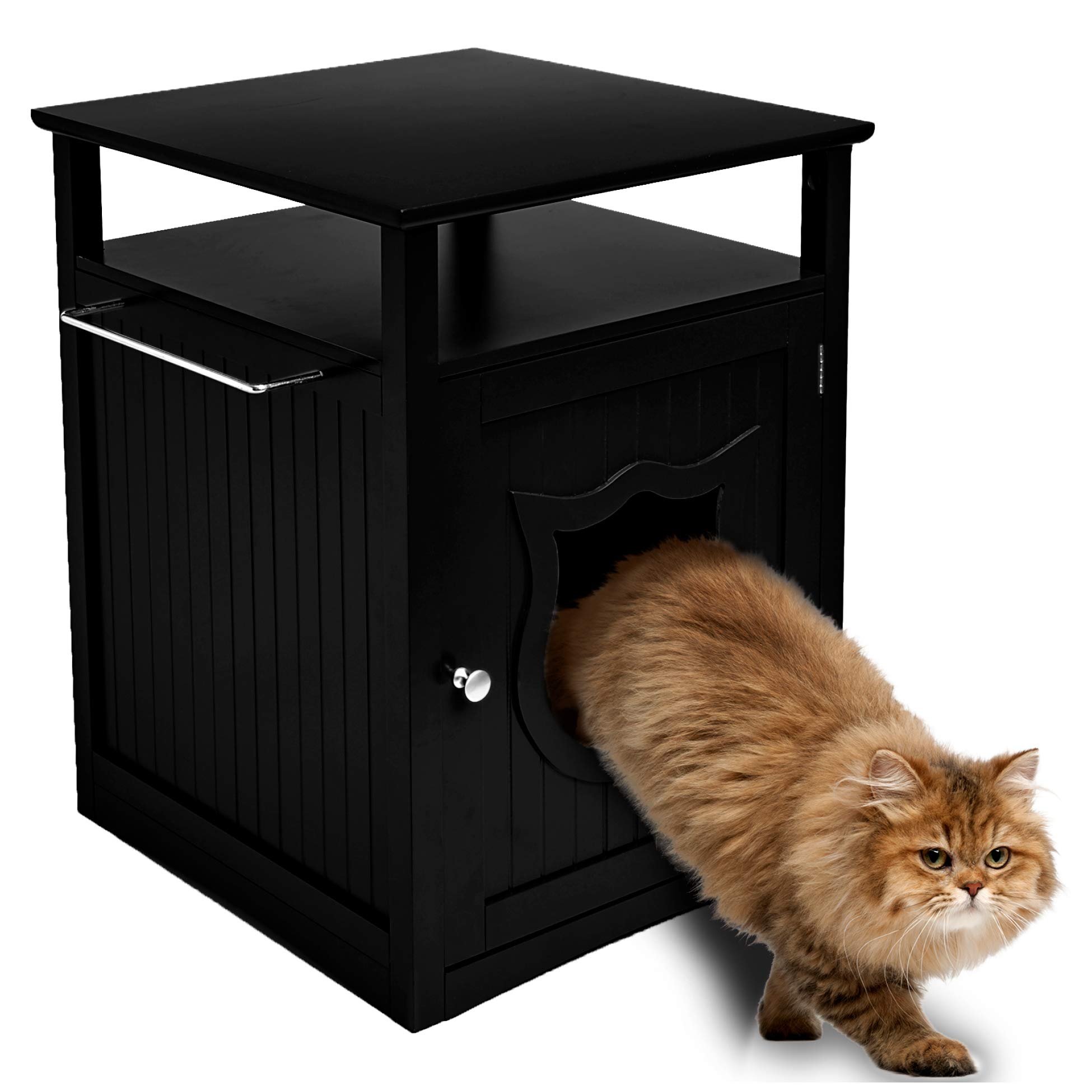 Sweet Barks Nightstand Pet House with Litter Box - Modern Indoor Cat Washroom Enclosure & Furniture for Small Dogs - Perfect for Living Room, Bedroom or Apartment (Black)