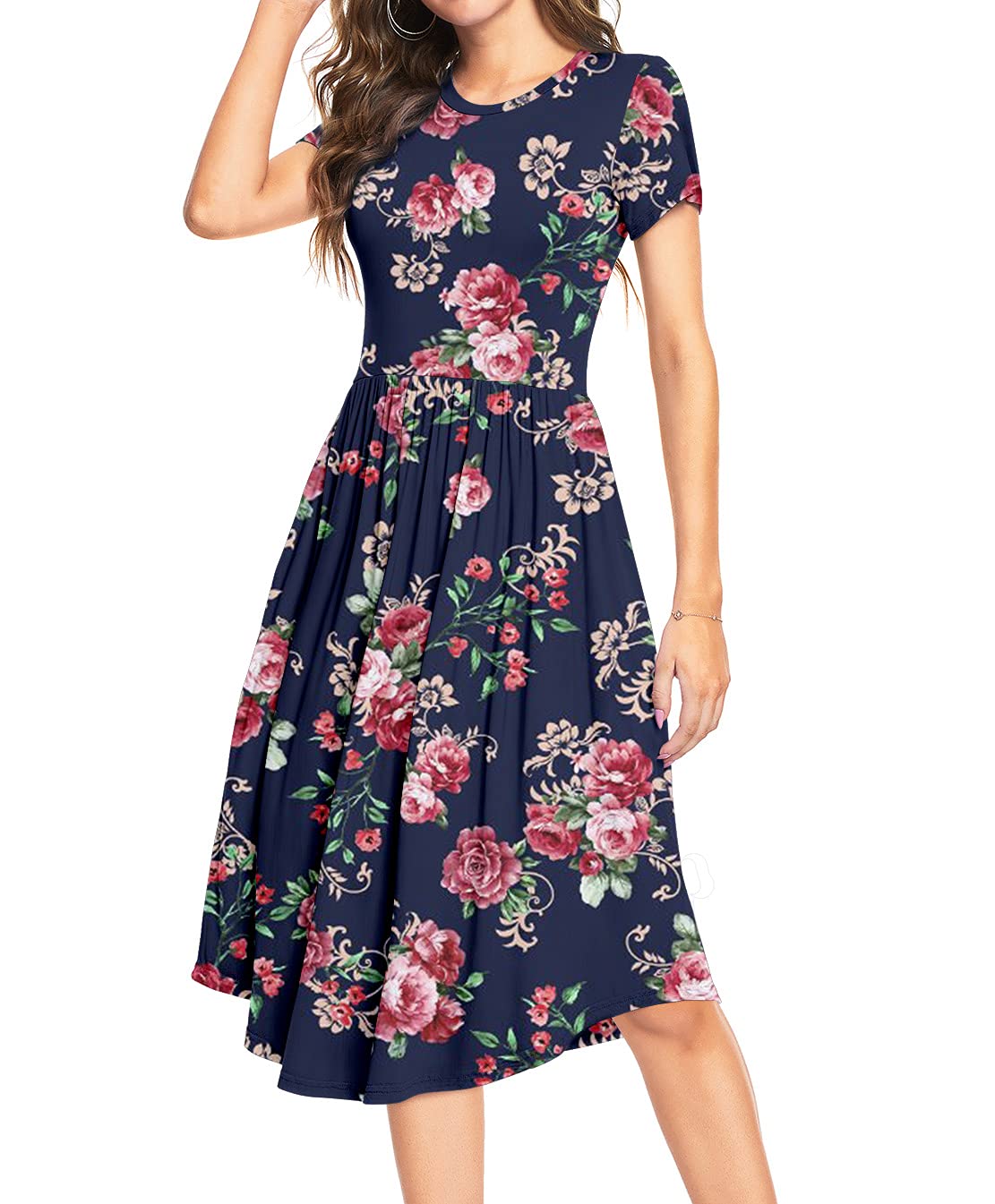 YUNDAI Women's Summer Polka Dot Short Sleeve Midi Dress - Casual Knee-Length Teacher Dress with Pockets | Perfect for Classroom, Office, Church & Summer Outings