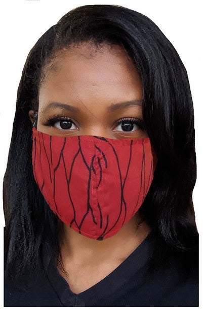 Breathable Cotton Red & Black African Print Reusable Face Mask - Fashionable Protective Cover for Daily Use, Travel, and Cultural Events