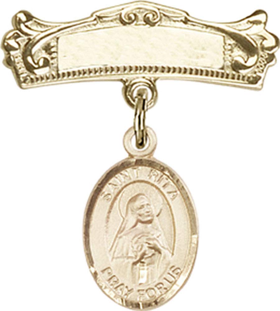 St. Rita of Cascia Gold Filled Baby Badge with Arched Polished Pin - Religious Jewelry for Christening, Baptism & First Communion Gifts - Handmade in USA