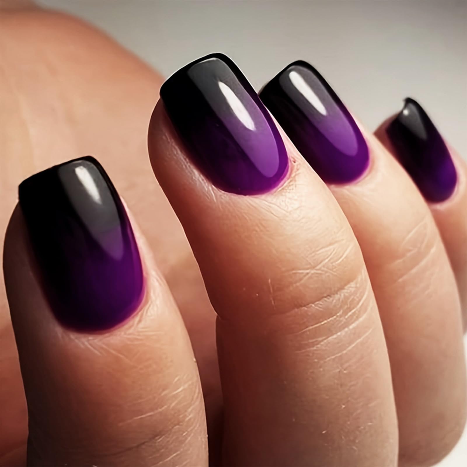 Gradient Purple Press on Nails - Short Square False Nails with Black French Tips - Glue on Nails Full Cover Acrylic Fake Nails Kit - Glossy & Durable 24Pcs for Women & Girls - Perfect for Daily Wear, Parties, Weddings & Special Occasions