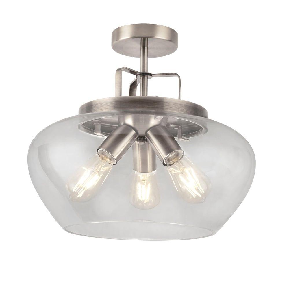 3-Light Silver Semi-Flush Mount Ceiling Fixture with Glass Shade - Modern Lighting for Dining Room, Bedroom or Hallway