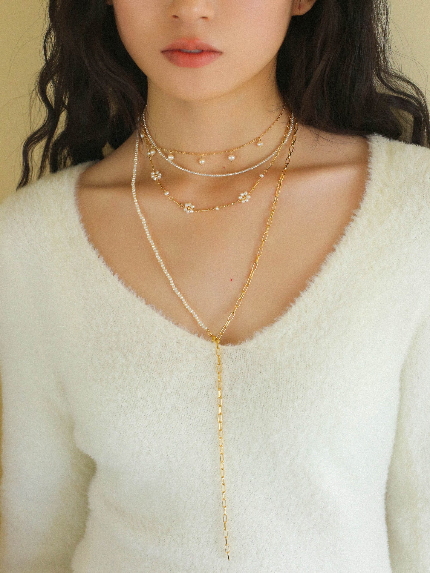 Elegant Long Chain Link Mini Freshwater Pearl Necklace - Type D - Perfect for Weddings, Parties & Formal Occasions