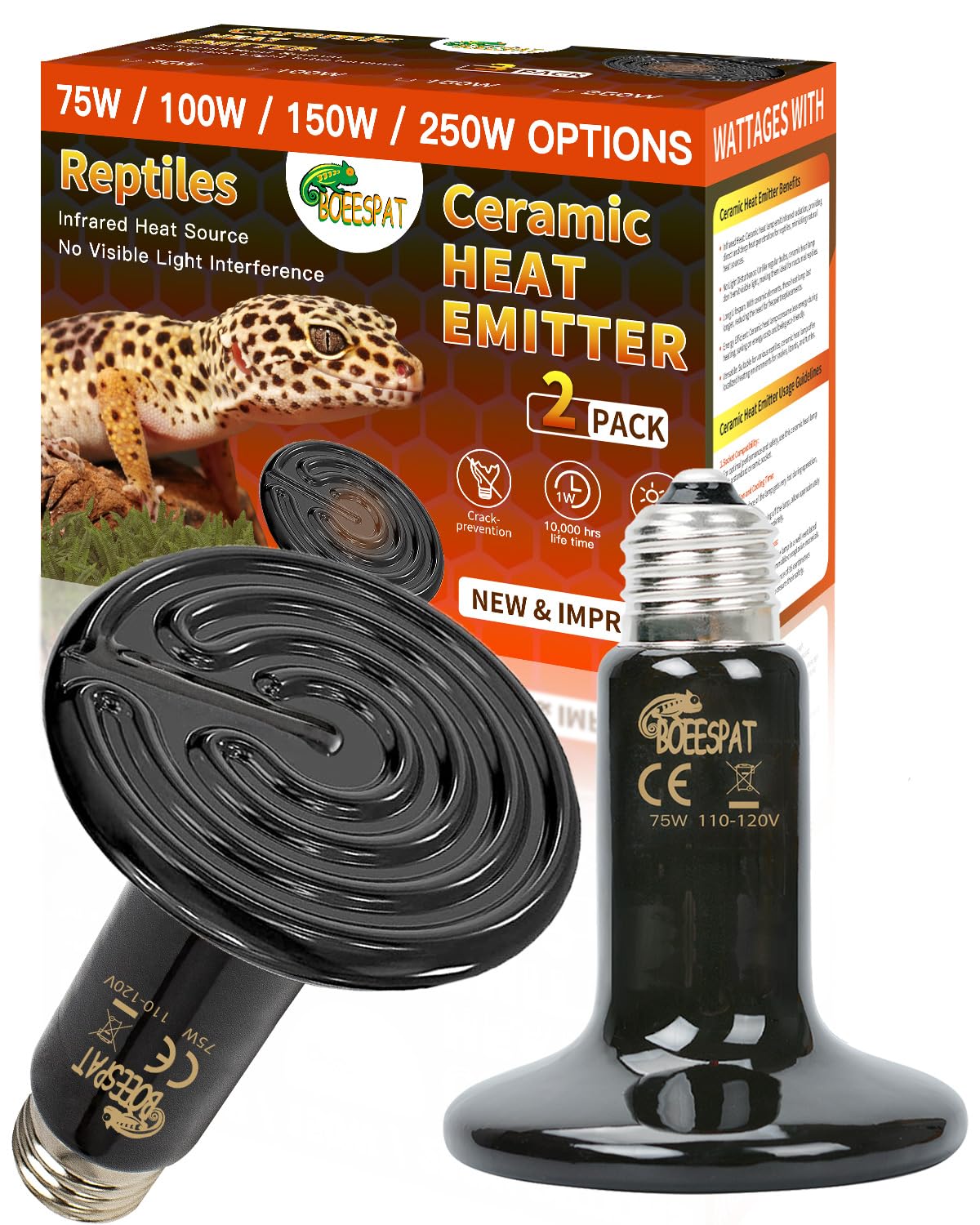 75W Ceramic Heat Emitter Bulbs - 2 Pack Reptile Heating Lamp for Bearded Dragons, Lizards, Iguanas & Geckos - Efficient Infrared Heat Source for Terrariums & Small Pet Habitats - Ideal for Nighttime Heating & Basking Areas (Black, 75 Watts)