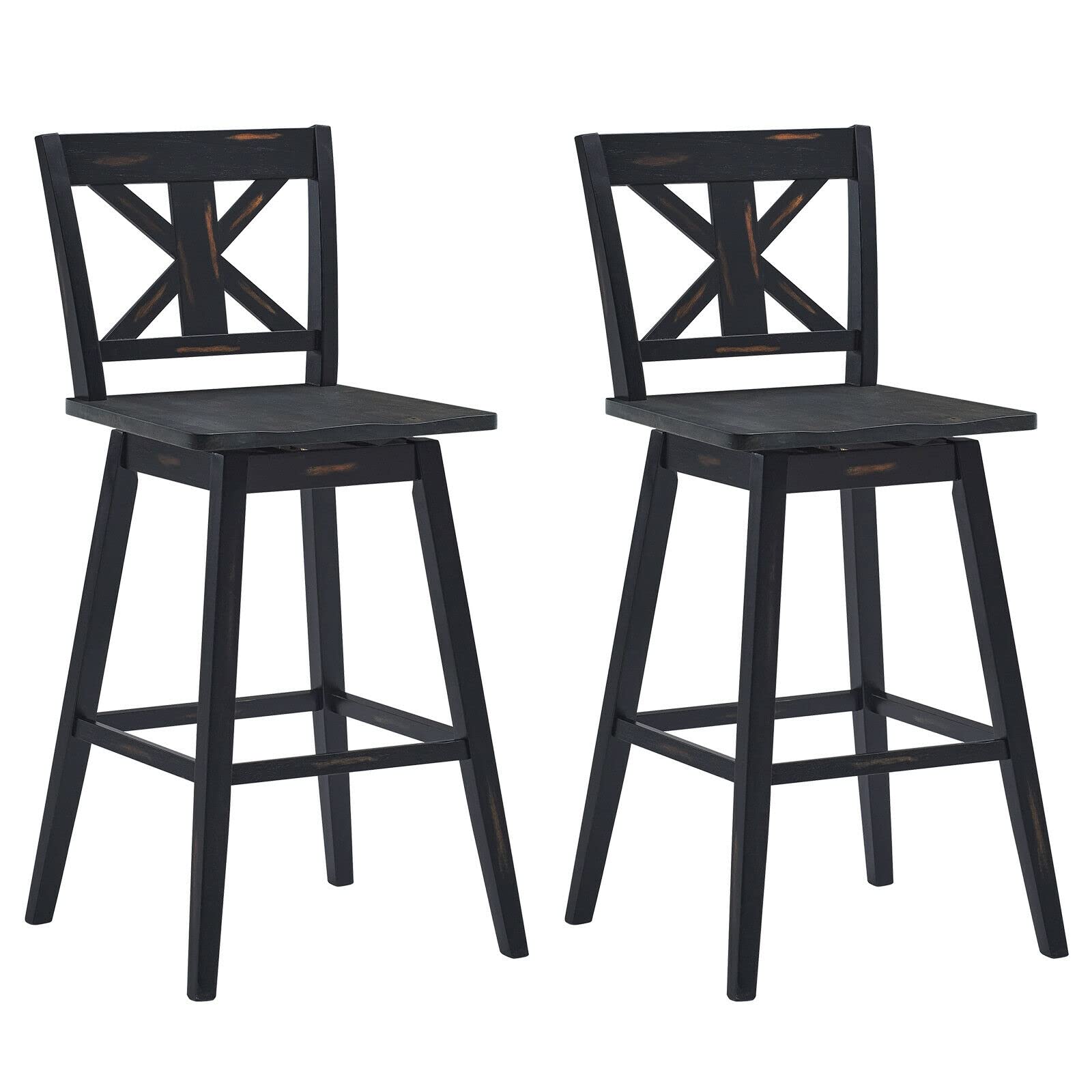 2 Pack 29 Inch Counter Height Swivel Bar Stools with Back - 360 Degree Rotating Wood Bar Stools with Solid Wood Legs for Kitchen Island, Breakfast Nook & Home Bar - Black Modern Kitchen Stools (Set of 2)