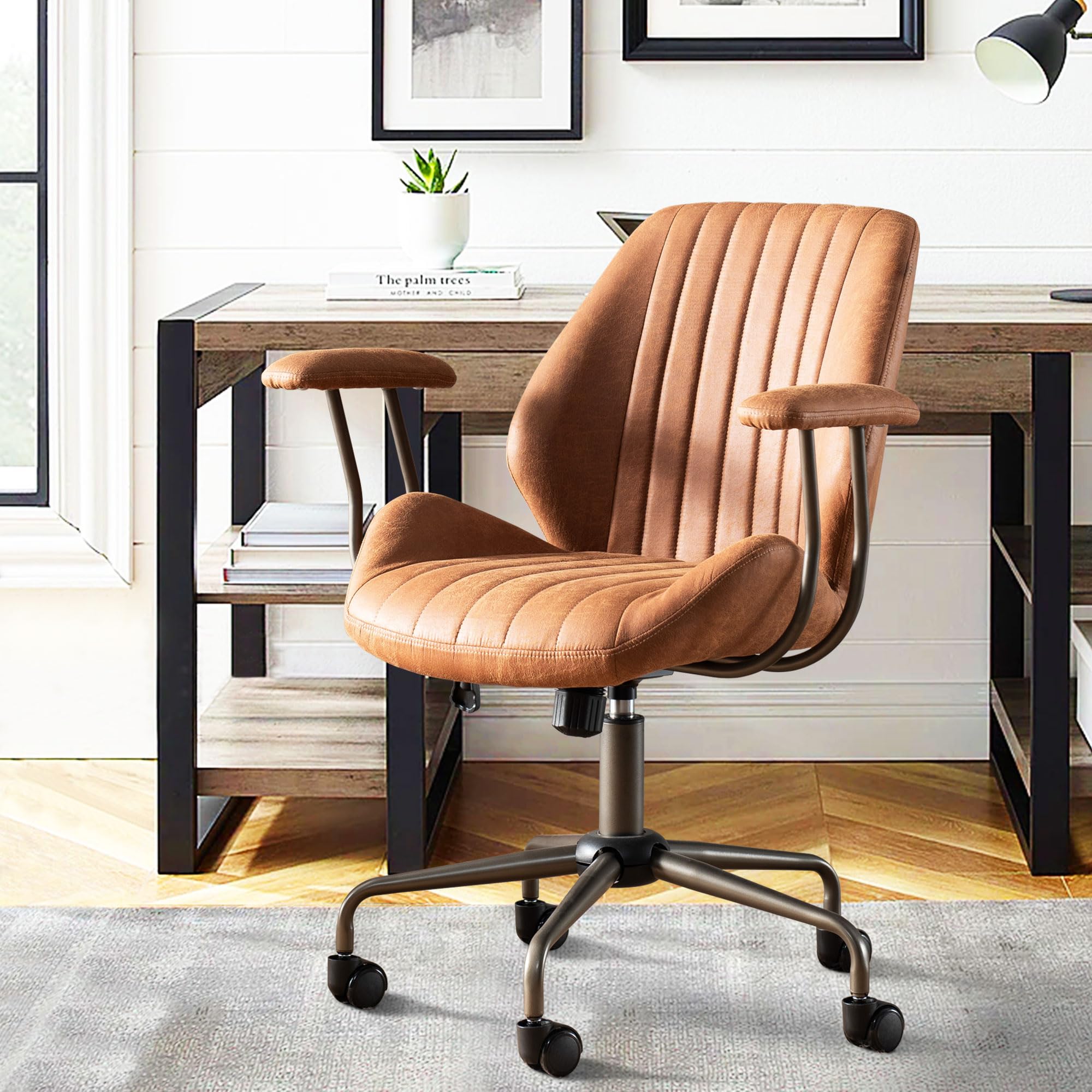 Ergonomic High Back Office Chair - Modern Swivel Desk Chair with Adjustable Height & Lumbar Support - Brown Suede Fabric Gaming Chair for Home Office, Workstation & Computer Desk - Perfect for Long Hours of Work, Gaming & Study Sessions