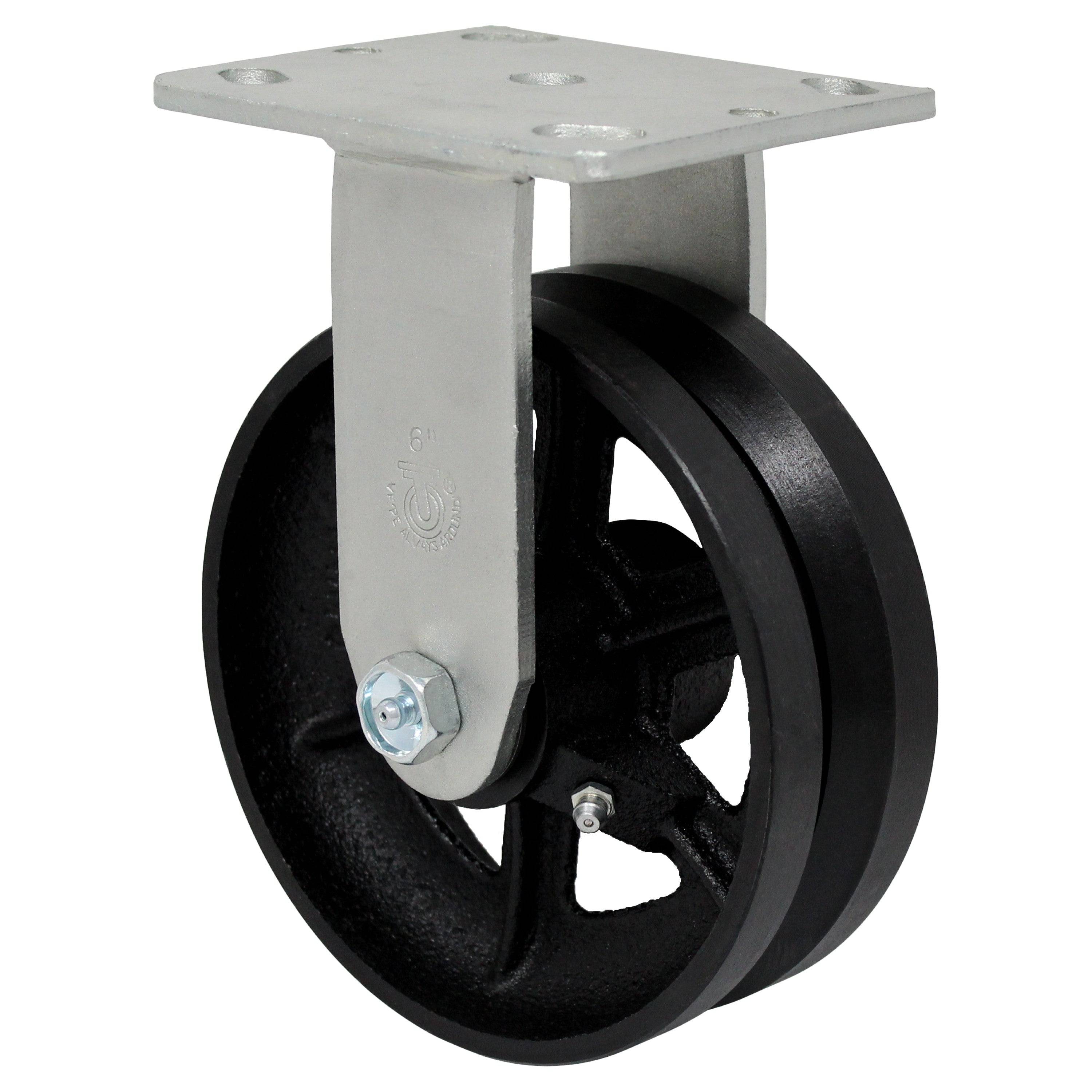 6 x 2 Inch Heavy Duty Cast Iron V-Groove Caster Wheels - 1000 lbs Capacity - Industrial Grade Rigid Casters for Warehouse Equipment, Pallet Jacks, and Material Handling
