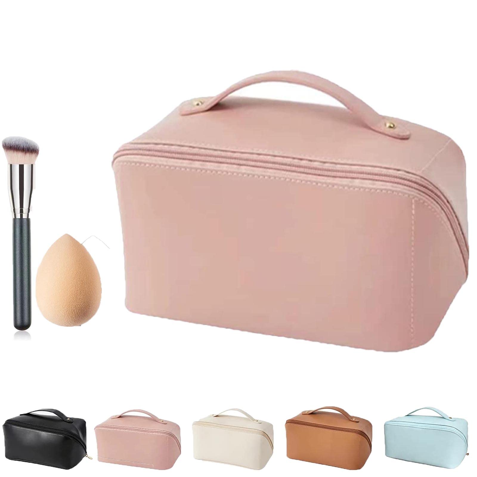 Large Waterproof Leather Makeup Travel Bag with Handle & Dividers - Pink Cosmetic Organizer for Skincare, Toiletries & Cosmetics | Perfect for Travel, Gym, and Daily Use
