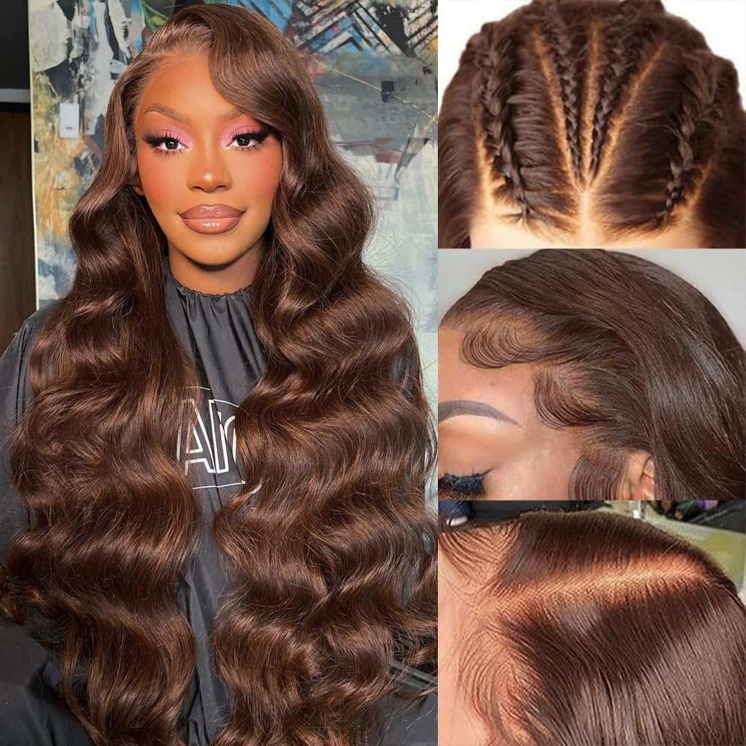Chocolate Brown 13x4 Lace Front Wig Human Hair - 180% Density Body Wave Glueless Wig with Pre Plucked Hairline & Baby Hair - 34 Inch Long for Women | Perfect for Daily Wear, Parties, Cosplay & Special Occasions