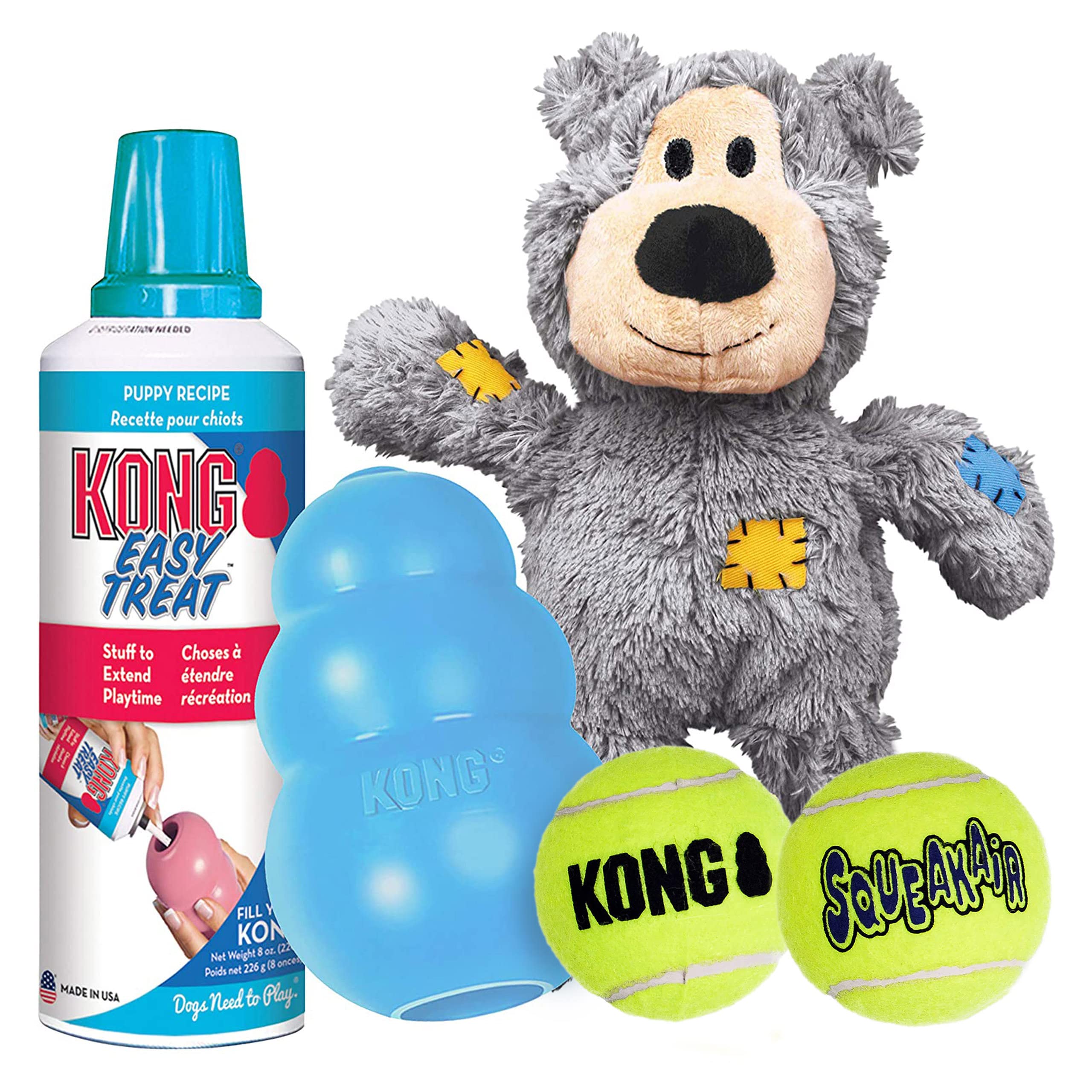 KONG Puppy Starter Dog Toy Kit - Interactive Chew Toys with SqueakAir Balls, Easy Treat Dispenser & Wild Knots Bear - Durable Play Set for Large Breed Puppies (Blue) - Perfect for Teething, Training & Playtime Fun