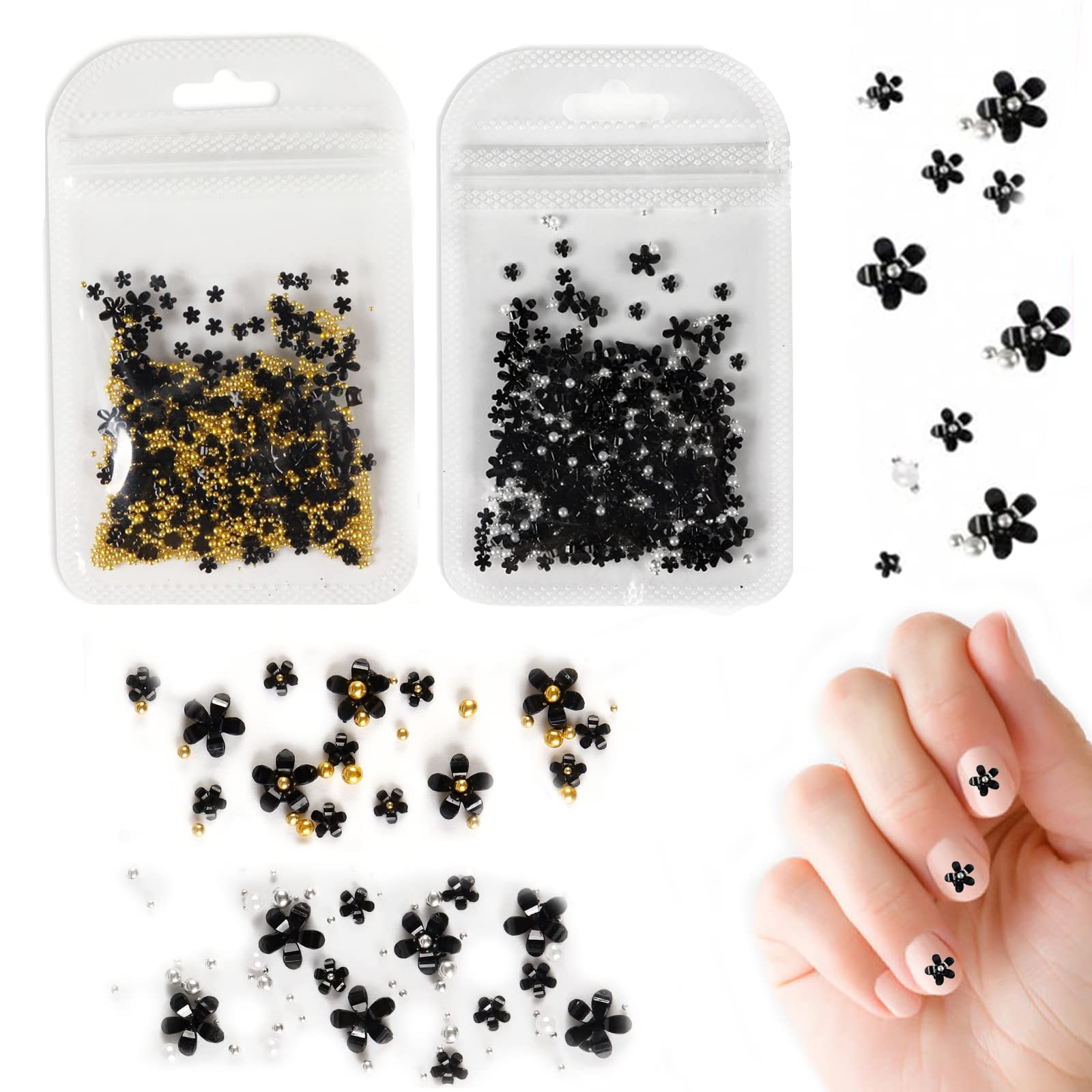 400 Pcs Black 3D Flower Nail Charms - Luxurious Metal Caviar Beads & Acrylic Nail Flowers for DIY Nail Art | Rhinestone Nail Decorations for Women & Girls | Perfect for Manicures, Nail Salons & Home Nail Art Kits