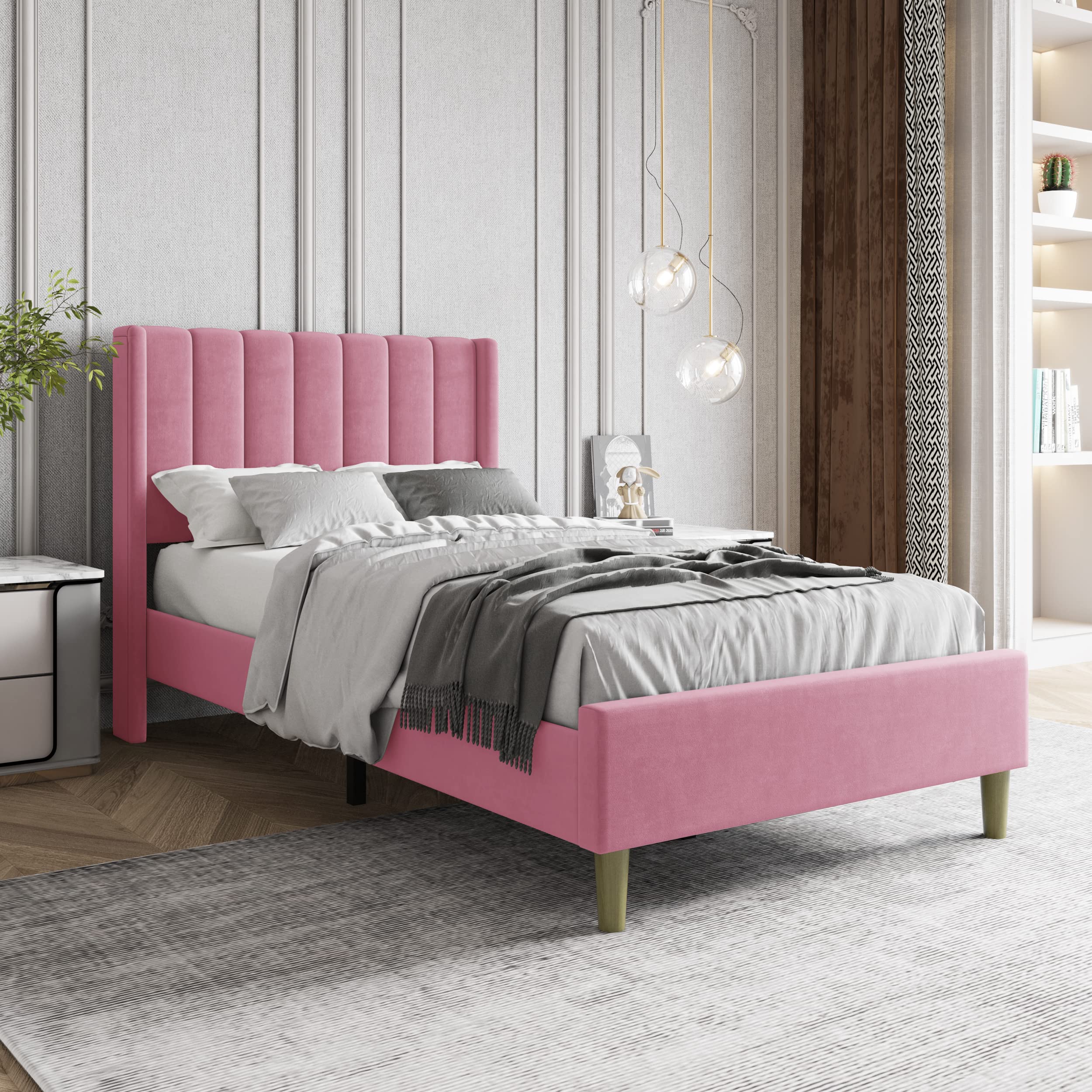 Upholstered Platform Bed Frame Twin Size with Headboard - Sturdy Wood Slat Support, No Box Spring Needed, Easy Assembly in Pink | Perfect for Kids' Rooms, Guest Bedrooms & Small Spaces
